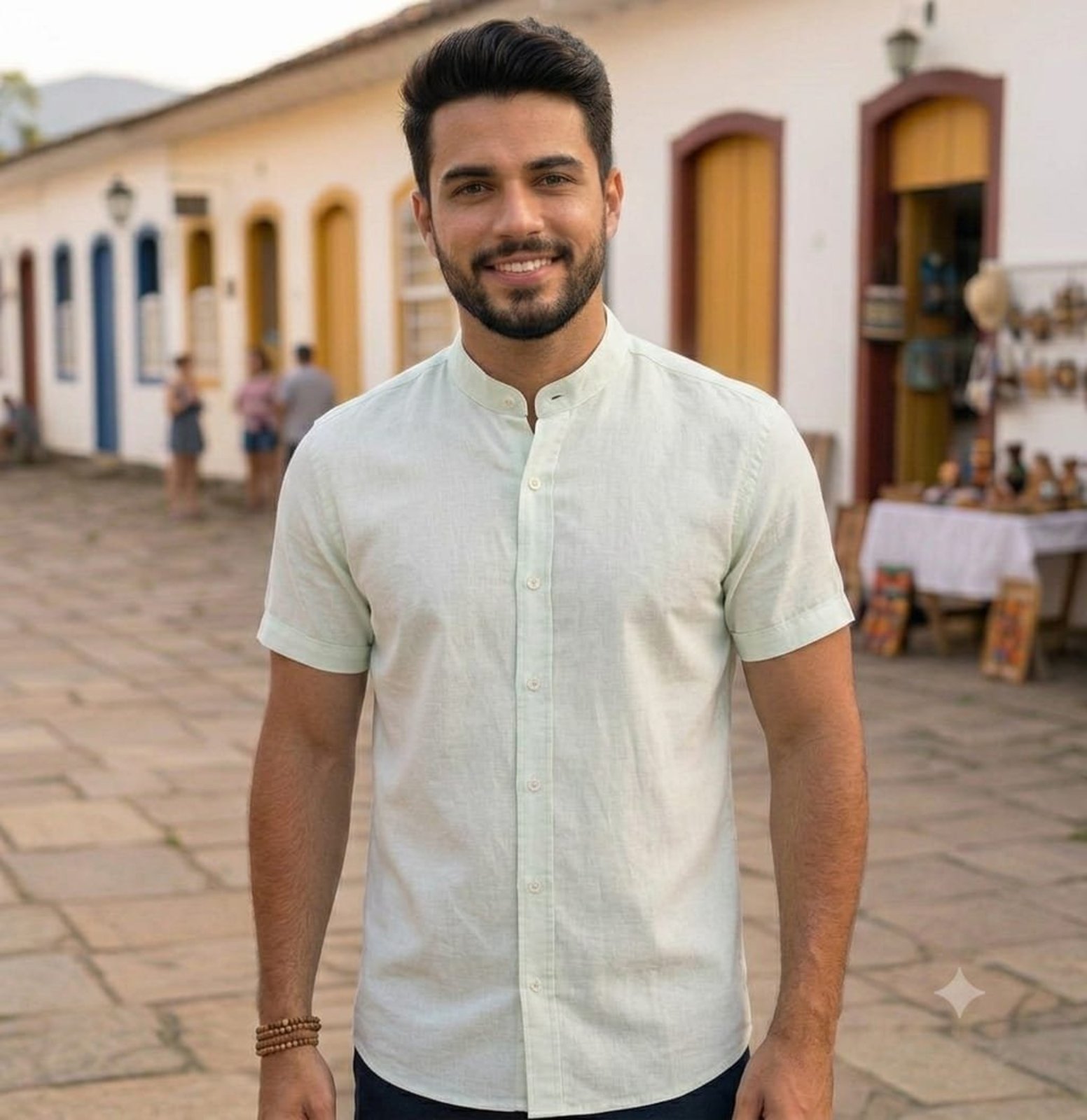 Camisa Amil Gola Padre ALogdão Estilo Casual com Linho Macia Manga Curta Off white