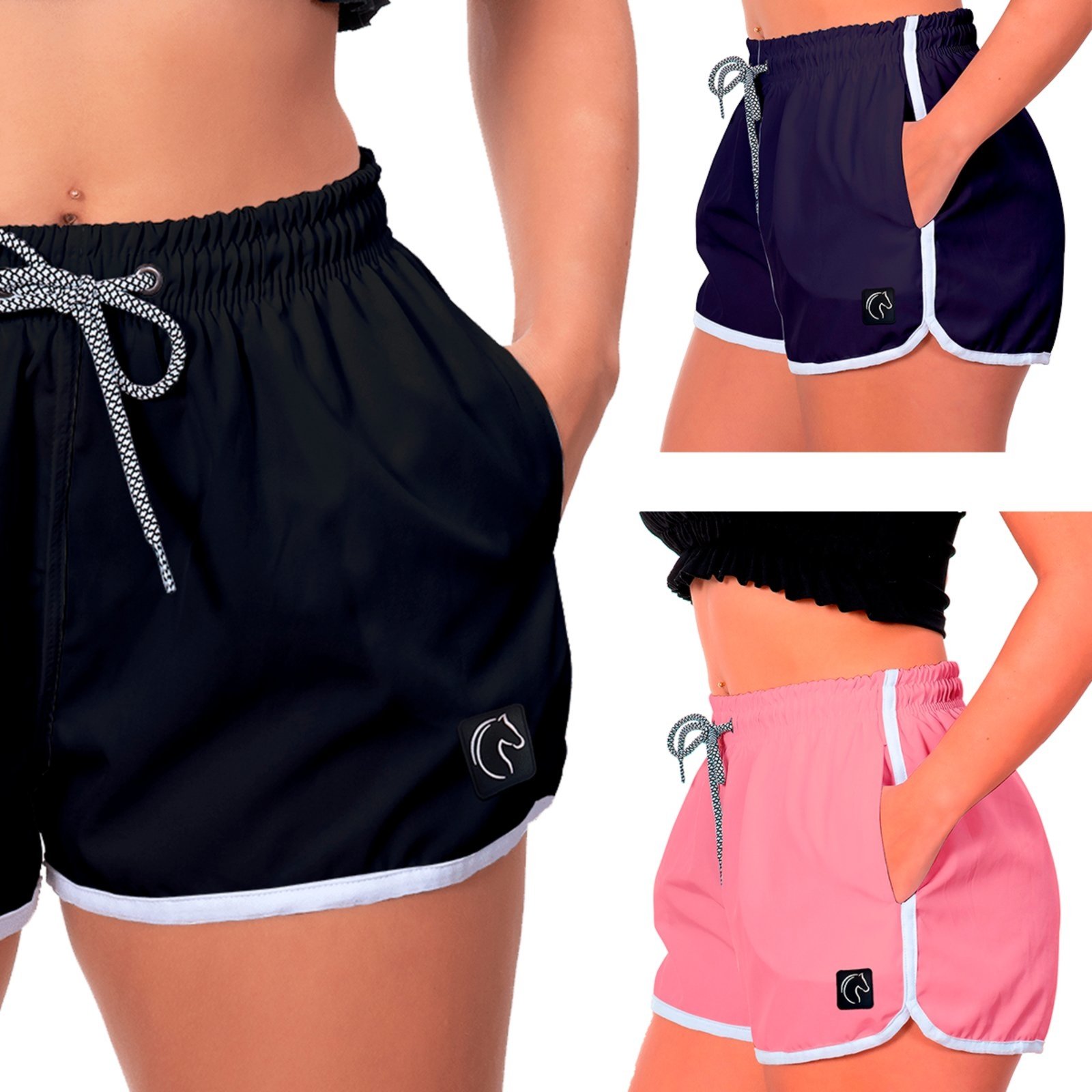 Kit 3 Shorts Feminino Premium Secagem Rápida com Elástico Cordão Ajustável e Bolsos Moda Praia Casual ou Treino Academia Preto, Azul Marinho e Rosa