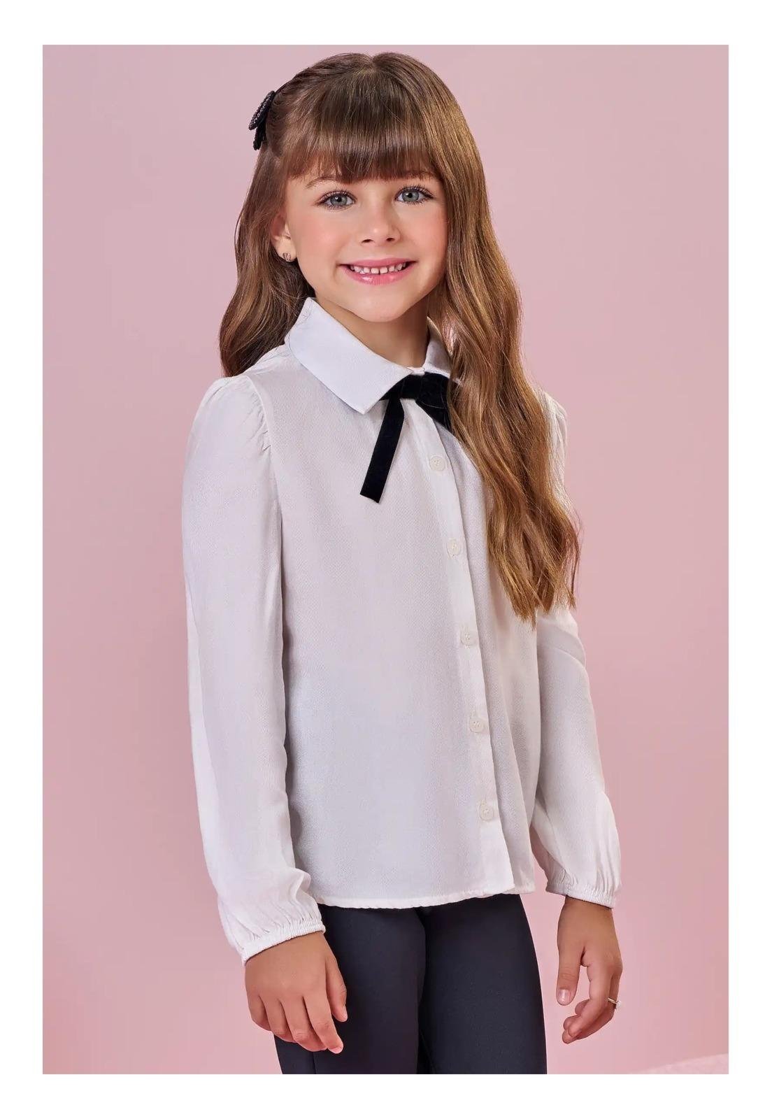 Infantil - Camisa Off White Manga Longa com Laço Menina Infanti 10 Off-white