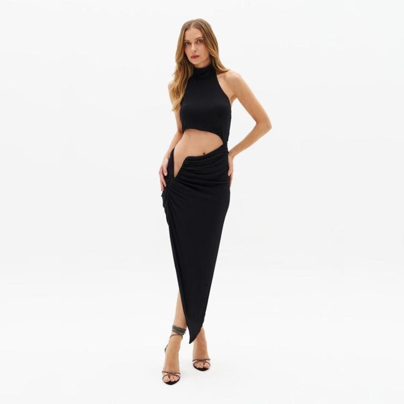 Vestido Midi Assimétrico Sem Manga De Malha Preto