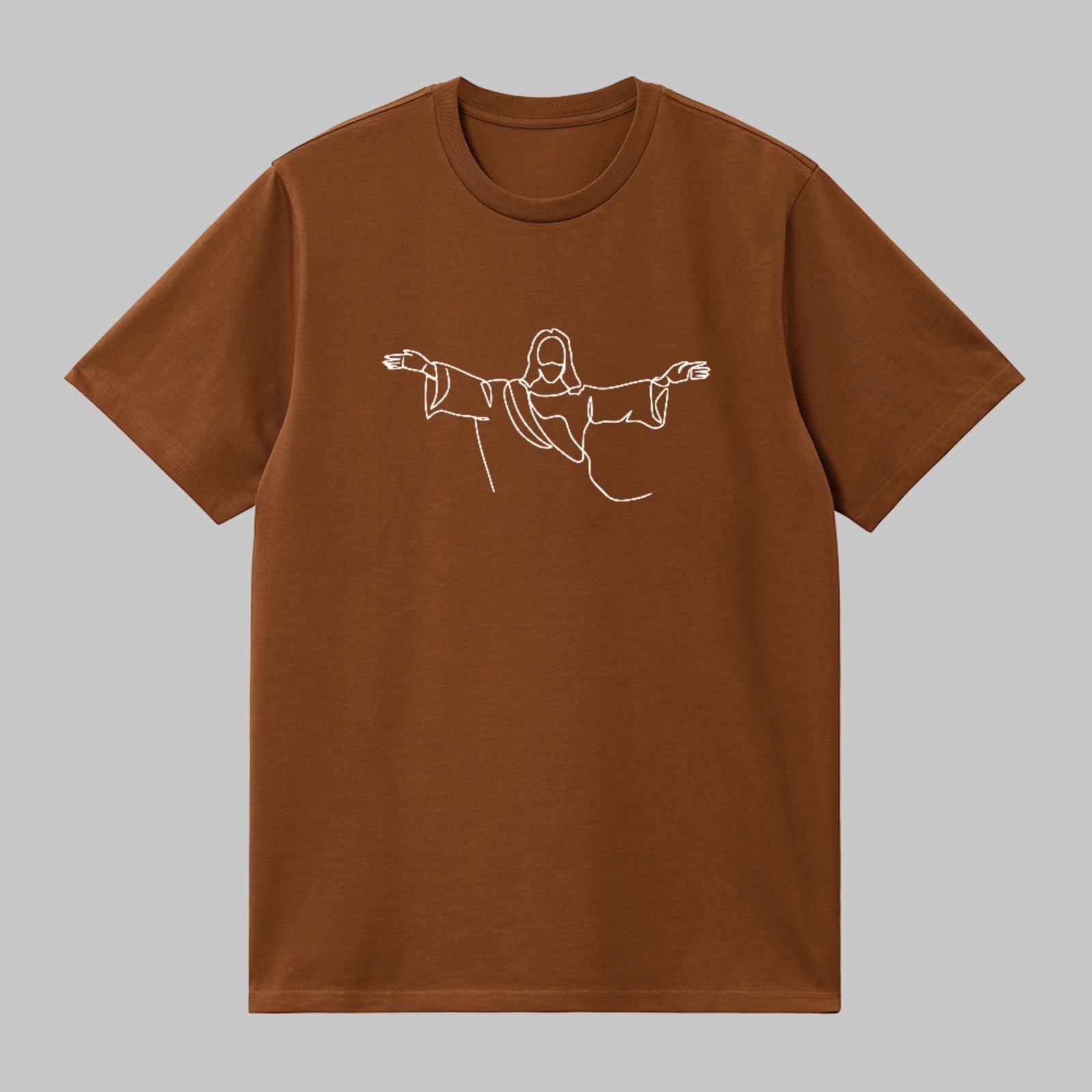 Camiseta Básica Jesus Minimalista Traço Contínuo Fé Cristã Marrom