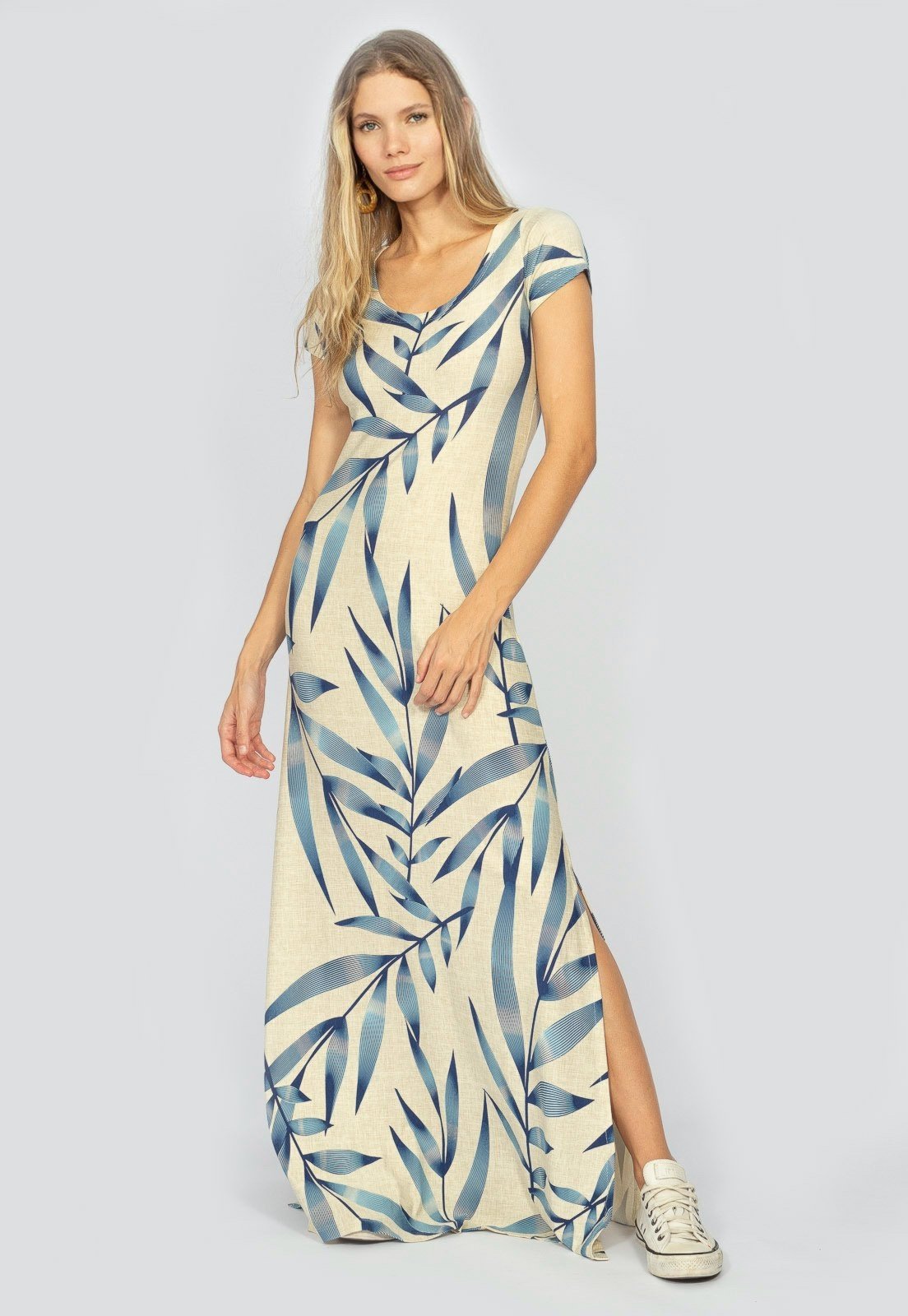 Vestido Longo Malha Gola Canoa Manga Curta Bambu Azul