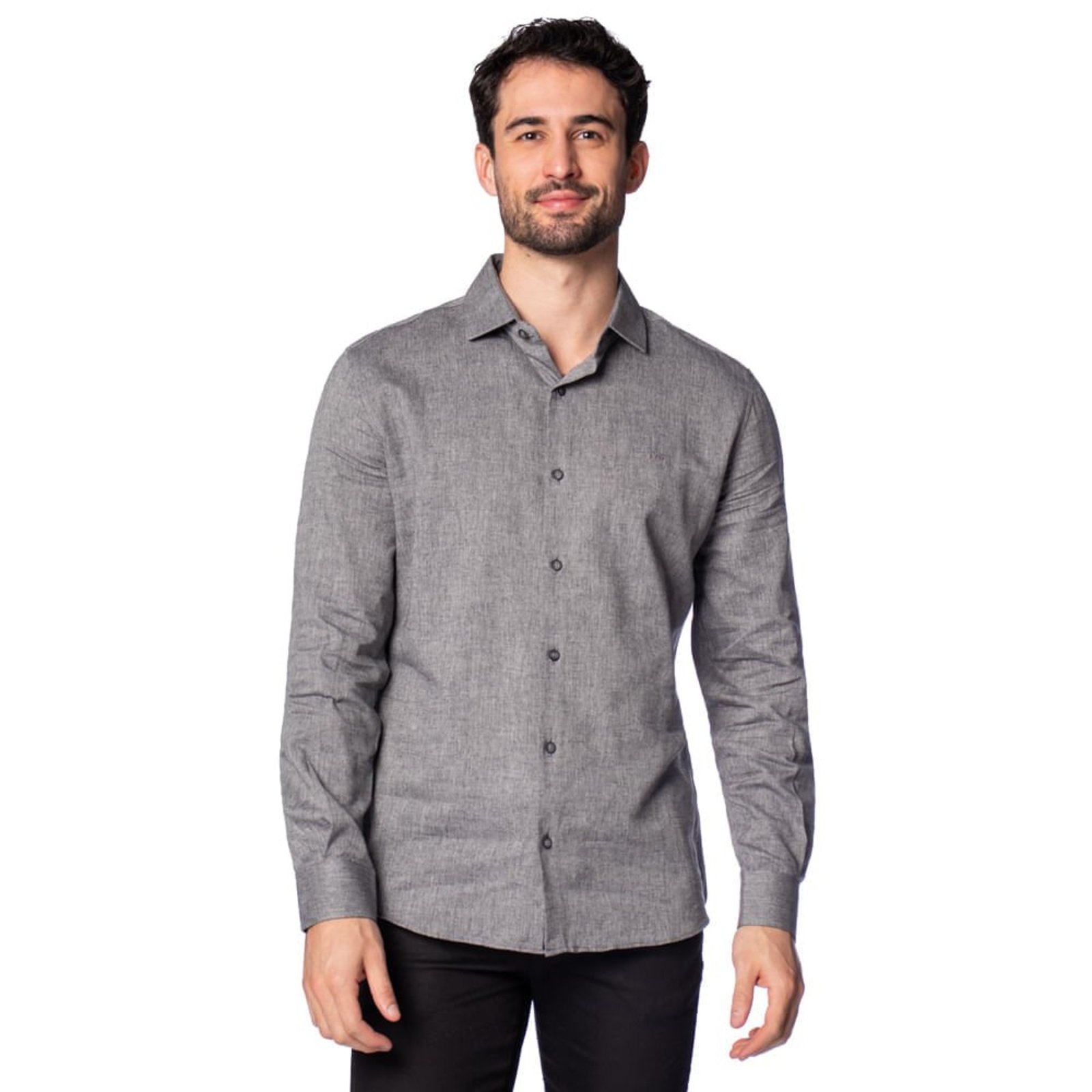Camisa Masculina Pitt Manga Longa Slim Cinza