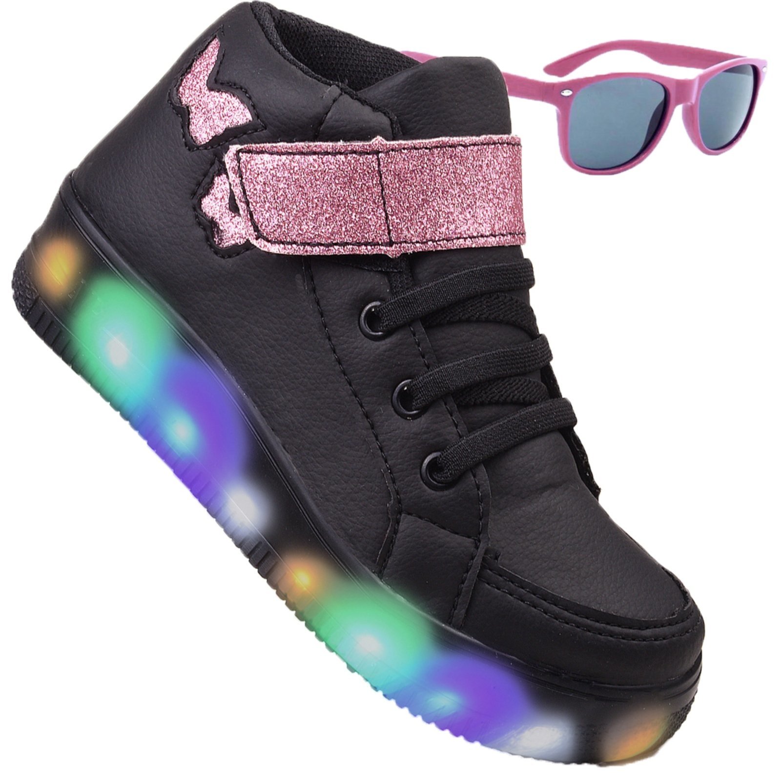 Infantil – Tenis Feminino de Led Botinha Borboleta Glitter Calce Facil + Oculos