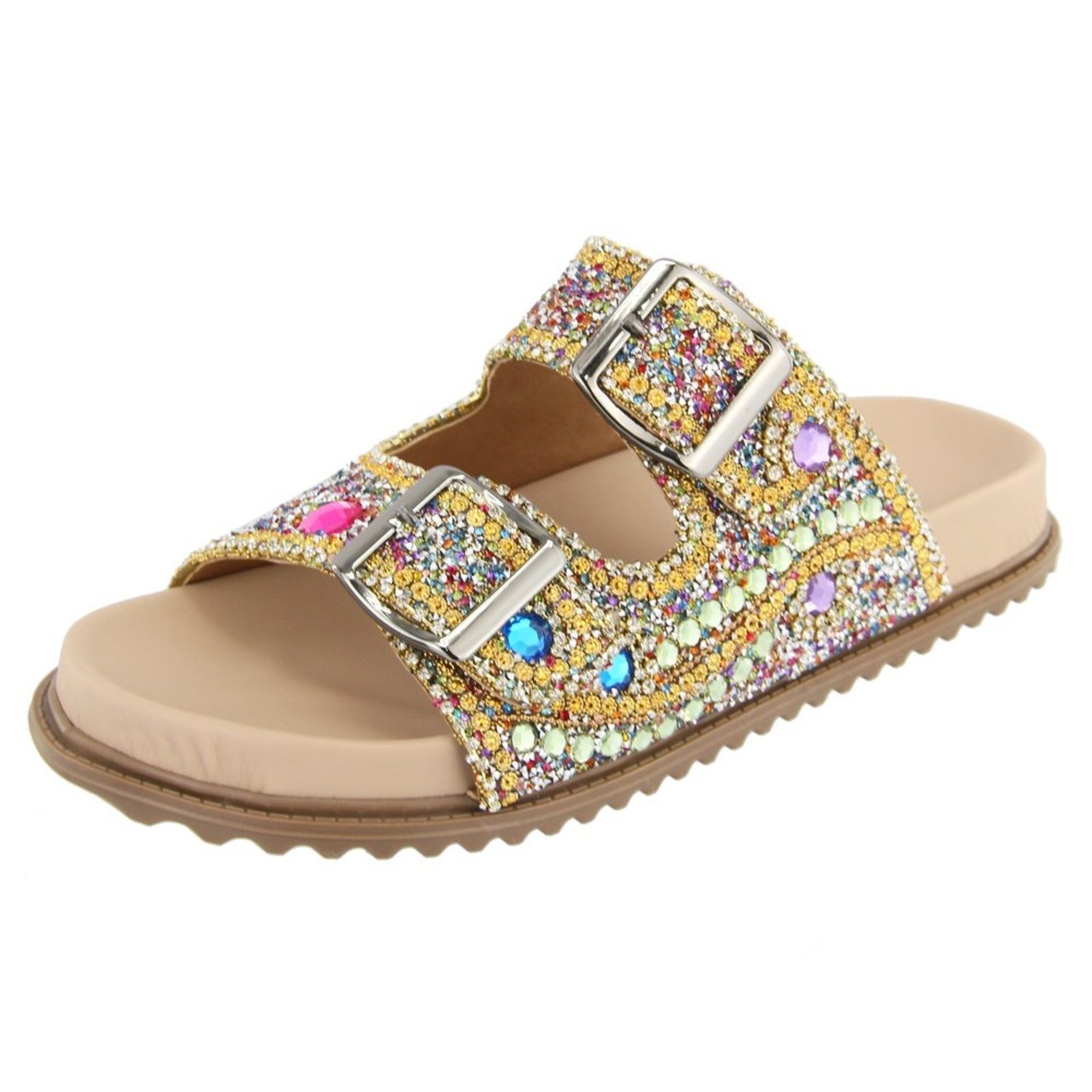Papete Rasteira Feminina Paula B Em Pedraria Feita A Mão Com Strass E Miçangas Pamilha Confort Multicolor