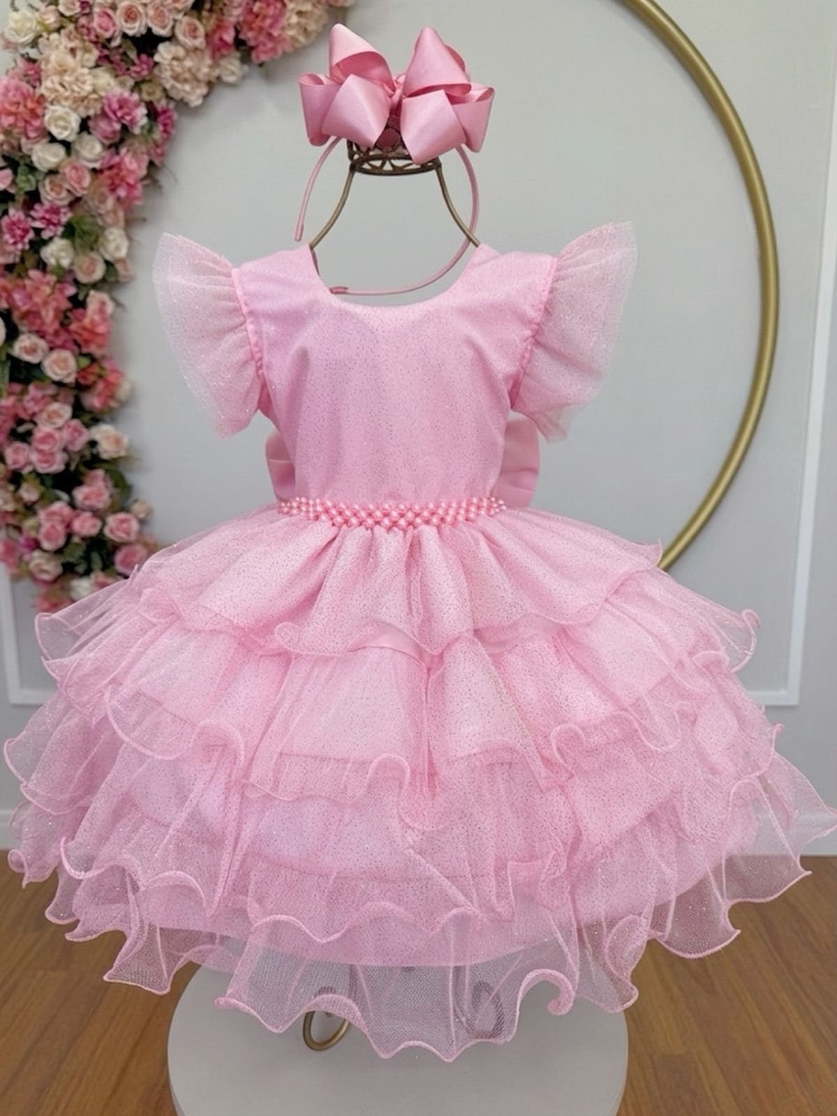 Infantil - Vestido Festa Rosa Claro Formatura Florista Casamento Babados Dama Daminha Social Menina Juvenil Pérolas Princesa Rodado Aniversário Luxo