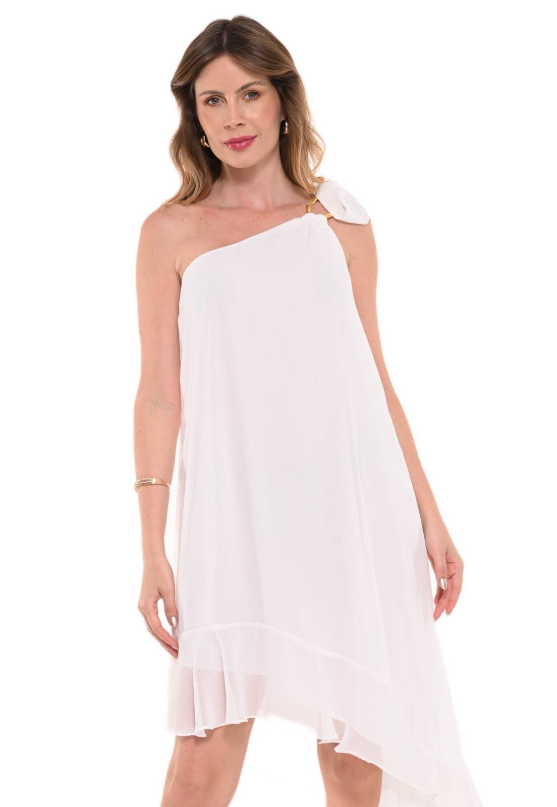 Vestido Bisô Curto Assimétrico Chifon Off White – Off White