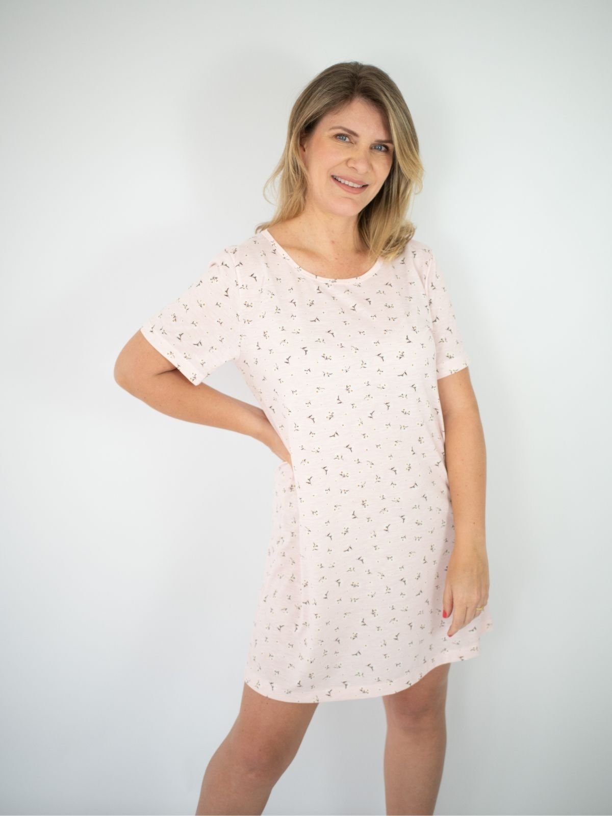 Camisola Manga Curta Básica Poliviscose Floral Paula – Rosa