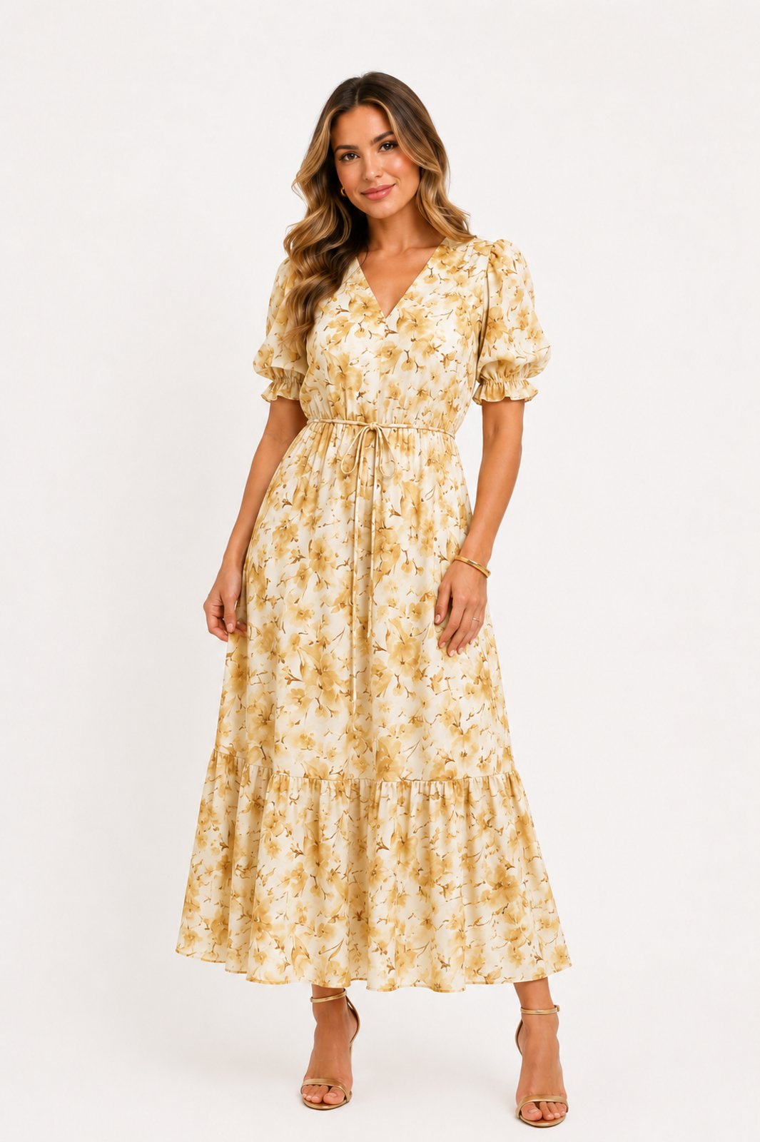 Vestido Midi D Bell Outlet Fashion Crepe Floral Amarelo