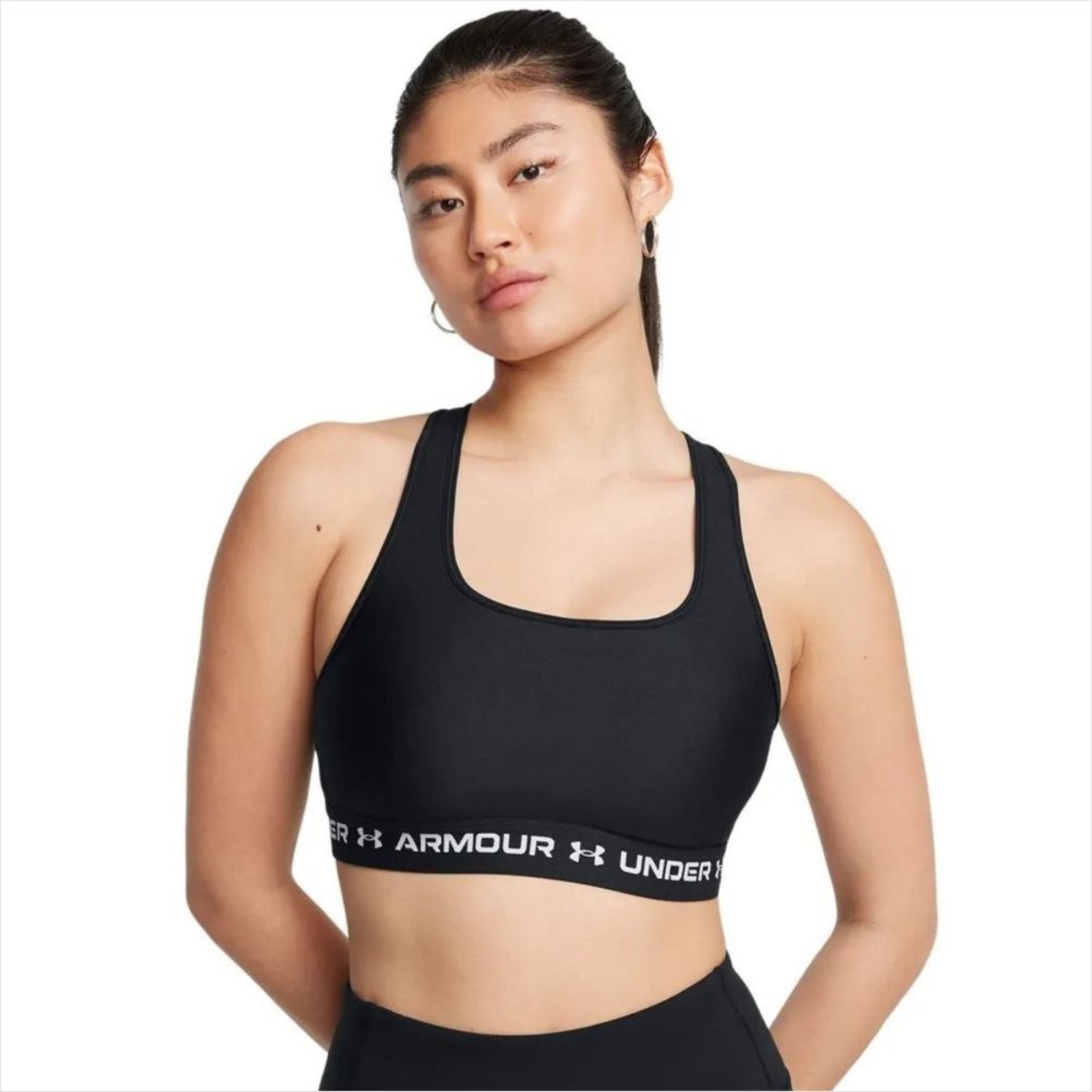 Top Under Armour HeatGear Mid Feminino – Suporte Médio – Preto/Branco
