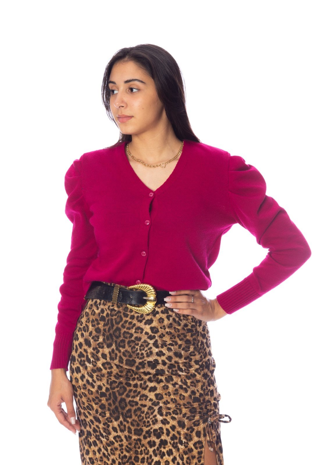 Casaquinho Moda Vício Tricô Com Botão Manga Princesa Pink