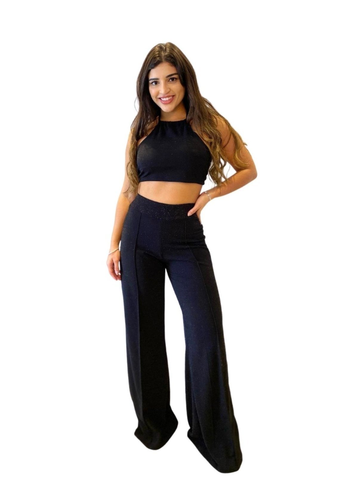Conjunto Giulianna Lurex Cropped e Calça Preto com Brilho
