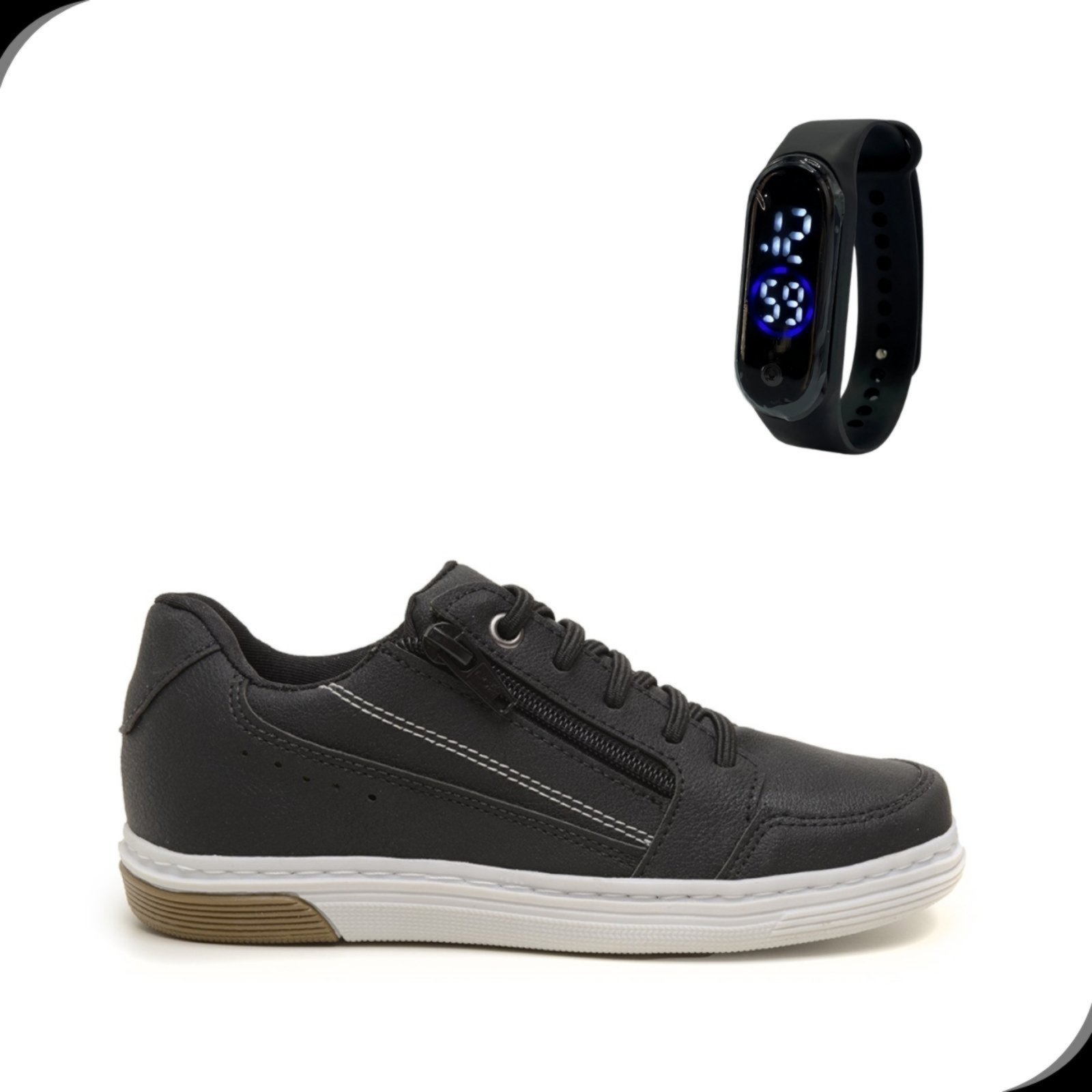 Infantil – Sapatenis Casual Preto Calce Facil Ziper e Elastico Rovetto Kit com Relógio Digital