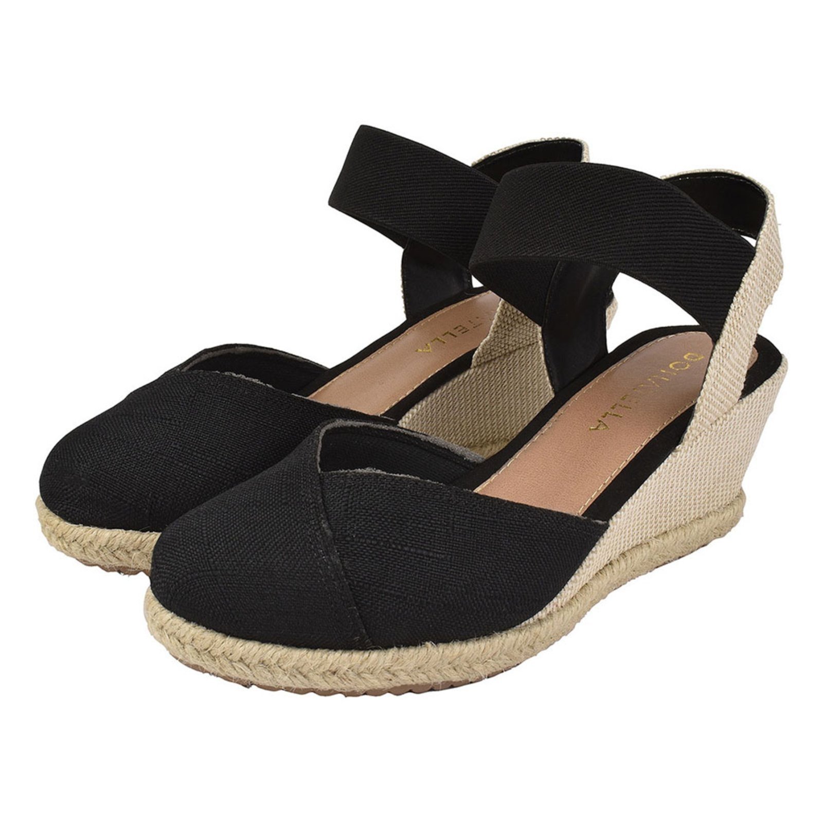 Sandália Anabela Feminina Plataforma Donatella Shoes Salto Corda Tecido Textura Elástico Confortável Casual Preto