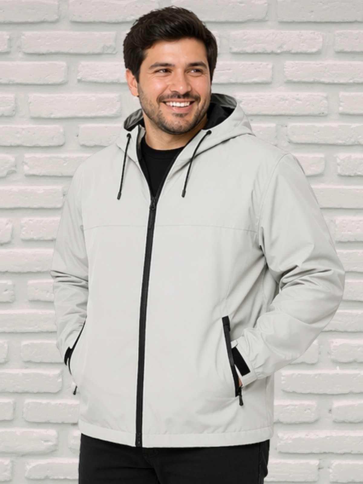 Jaqueta Masculina Bege com Capuz Zíper Frontal Bolsos Casual Esportiva Moderna