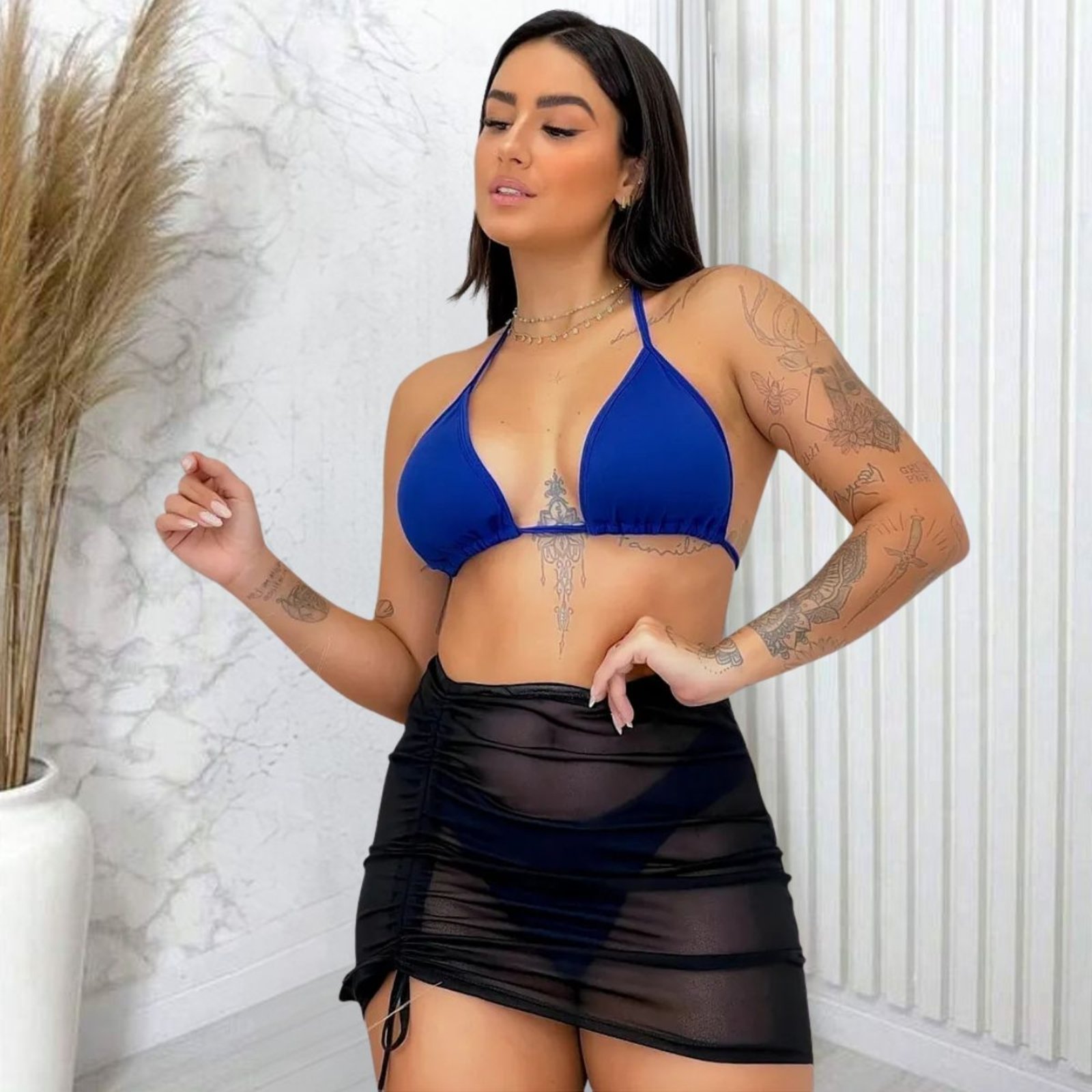 Saída De Praia Saia Curta Puxe Neon Moda Tendencia Feminina Preto