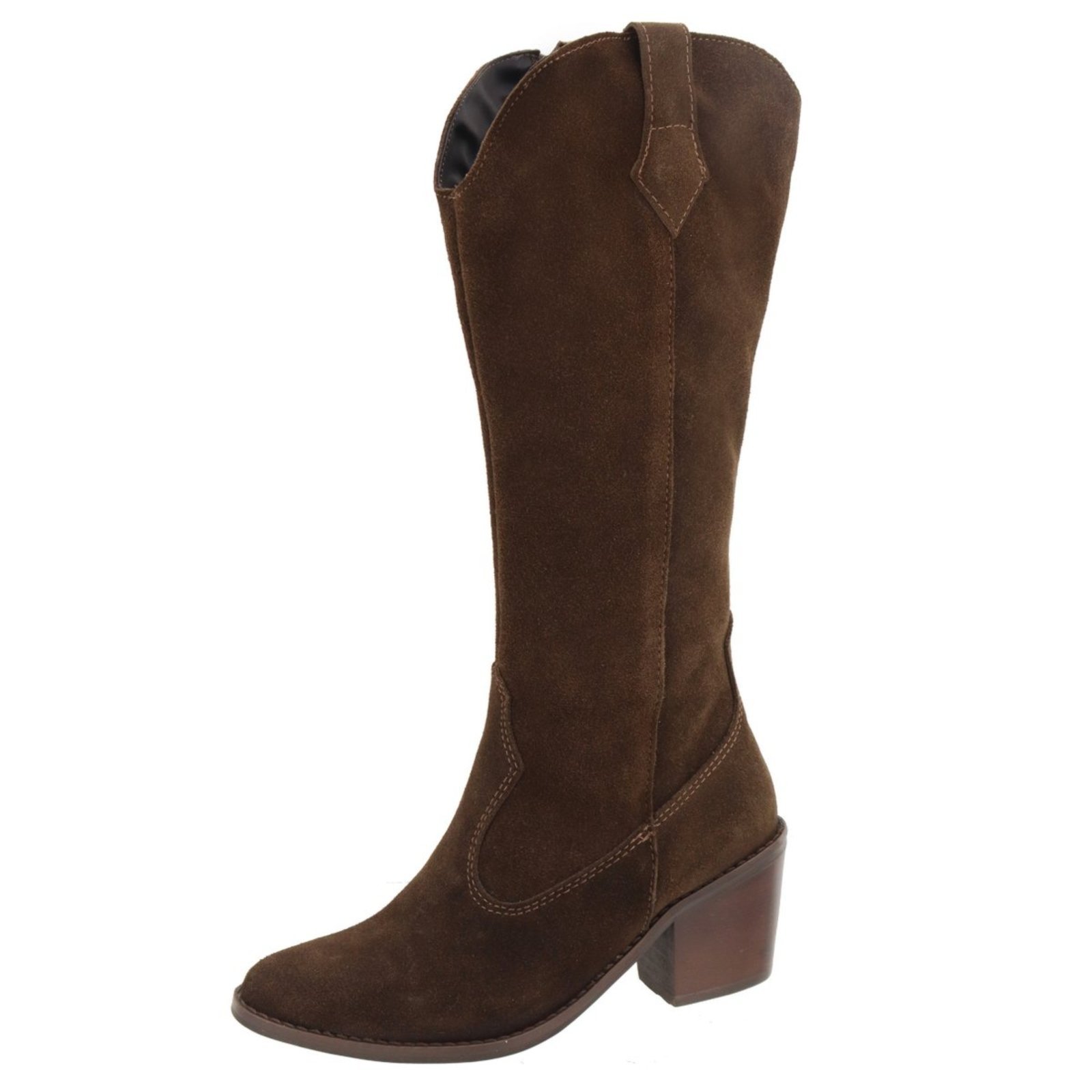 Bota em Couro Legitimo Western Cano Longo Texana Country Salto Feminina Camurça Chocolate Lançamento Tellini Store
