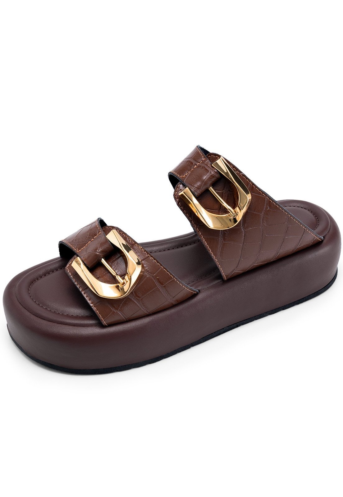 Sandália Flatform Feminina Lumiss Croco Fivelas Dourada Confortável Marrom