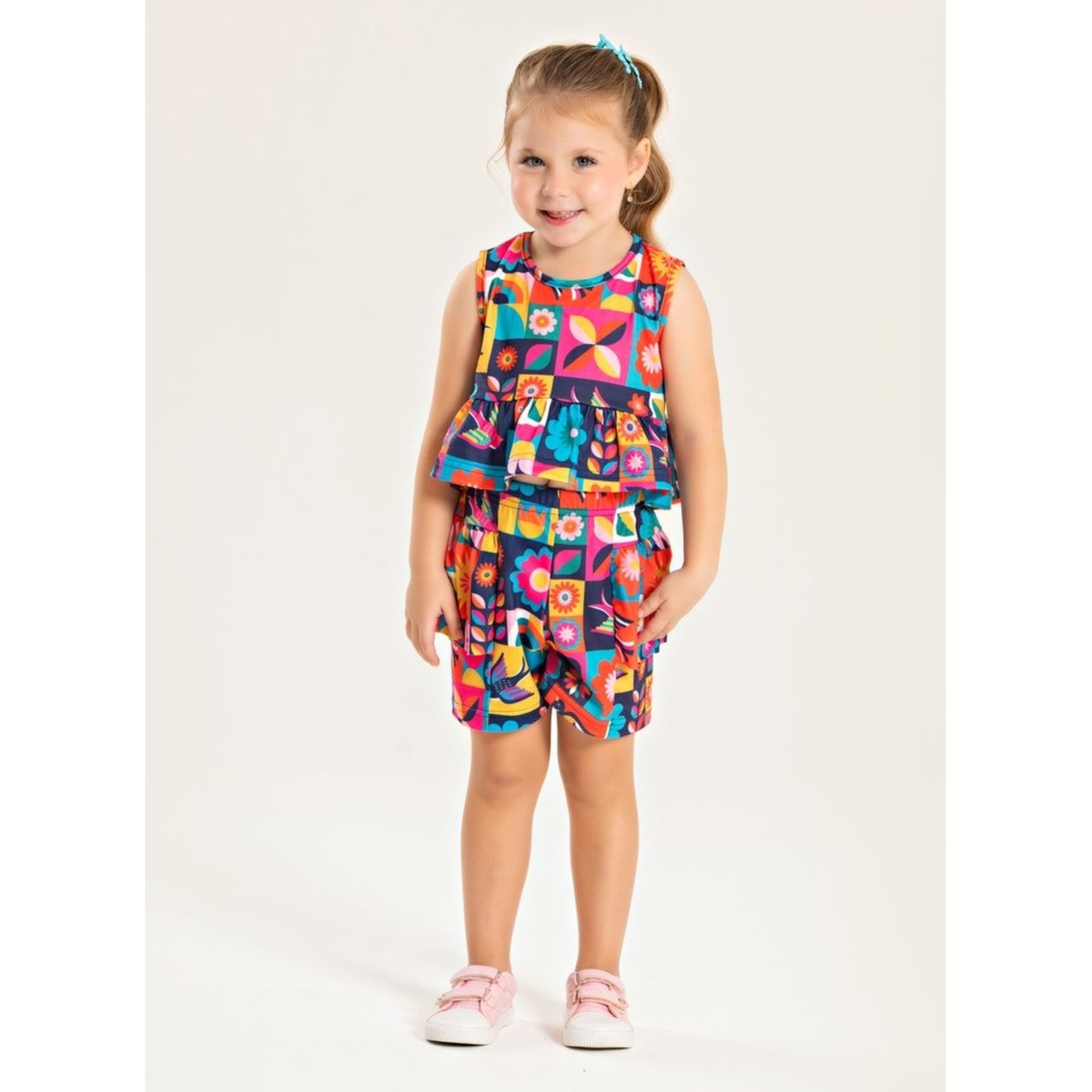 Vista 2 Infantil - Conjunto Molekada Verão Menina Pink Marinho Regata e Shorts Com Babado Mosaico de Flores azul pink Molekada azul pink