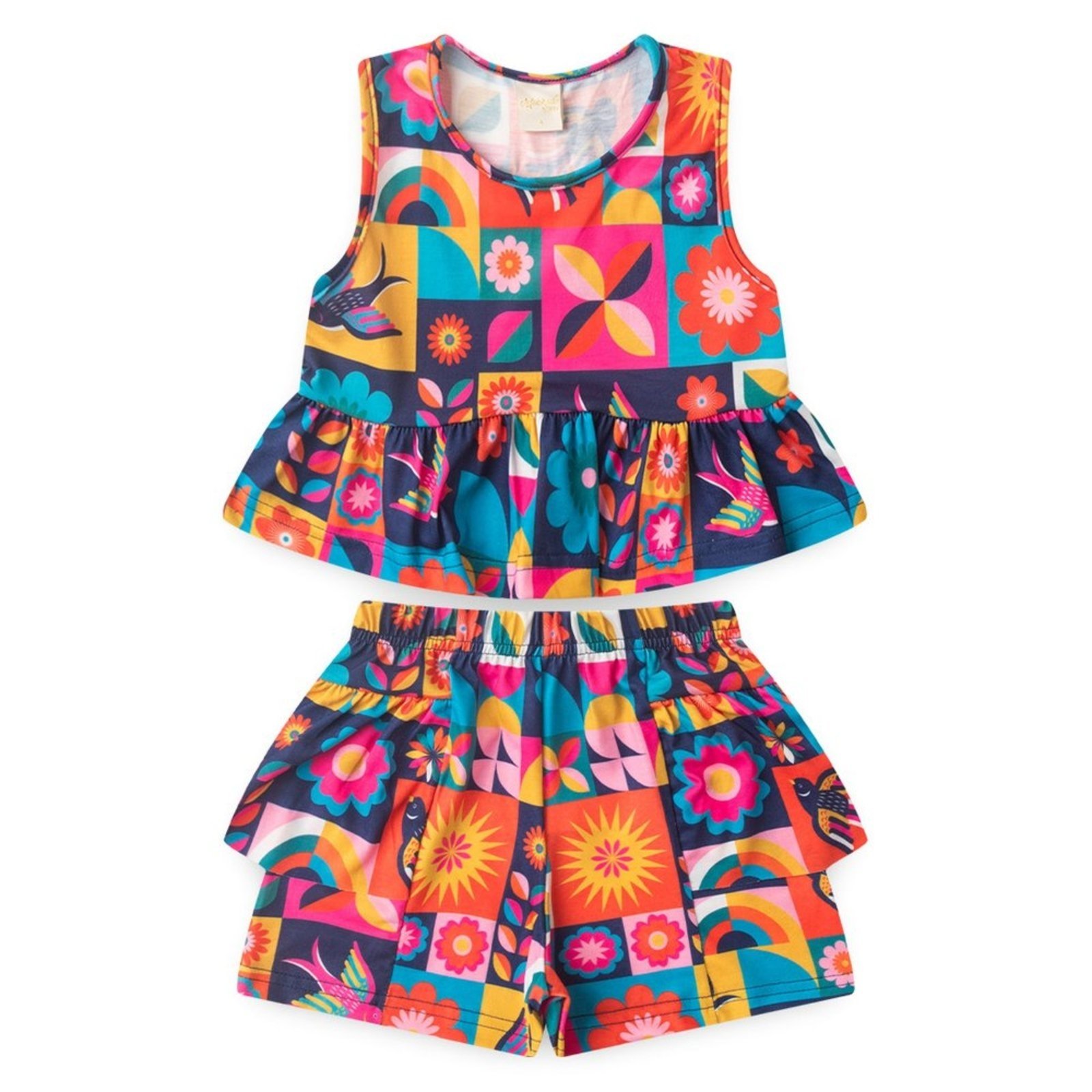 Vista 3 Infantil - Conjunto Molekada Verão Menina Pink Marinho Regata e Shorts Com Babado Mosaico de Flores azul pink Molekada azul pink
