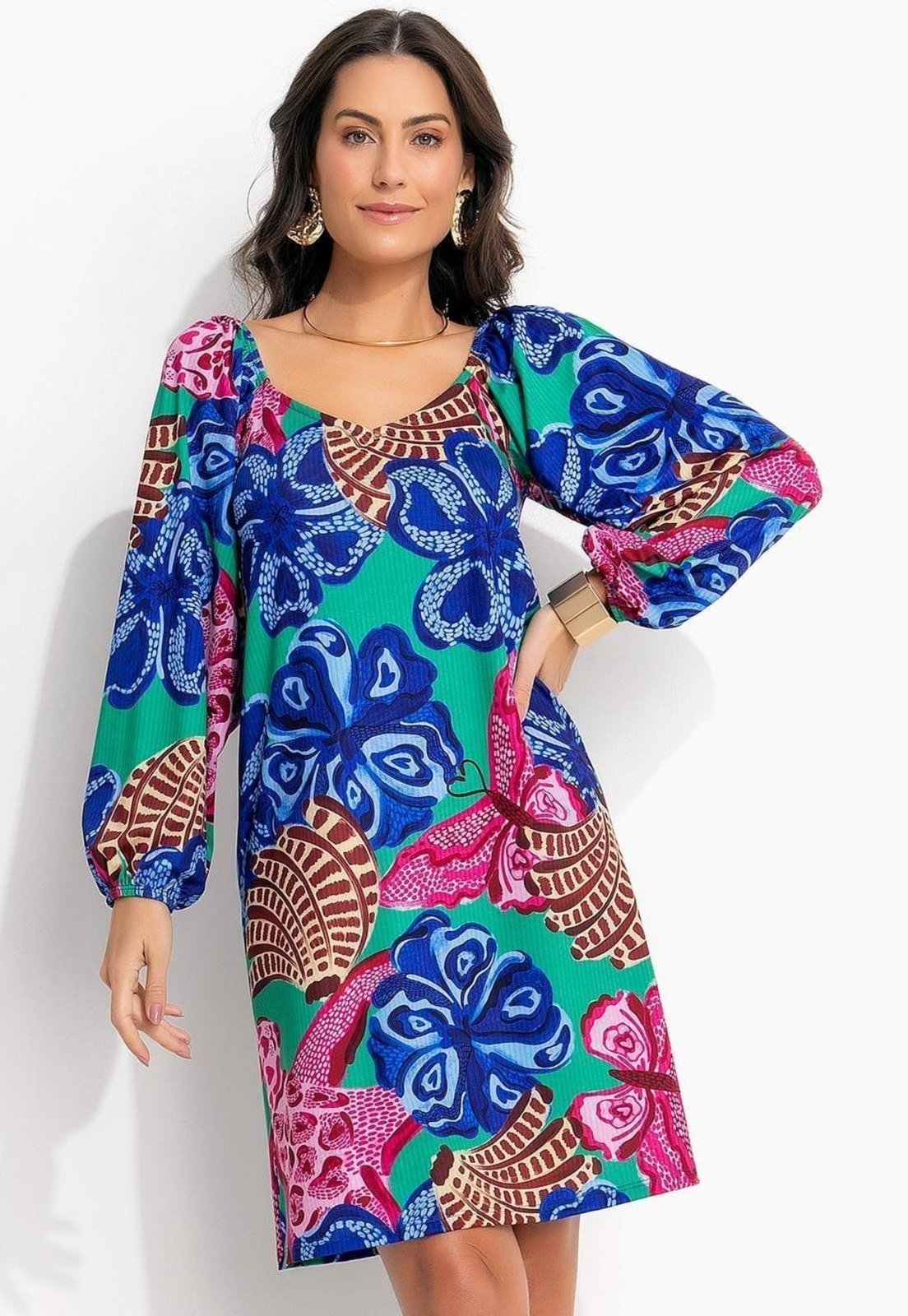 Vestido Em Malha Fria Tropical Borboleta Quintess