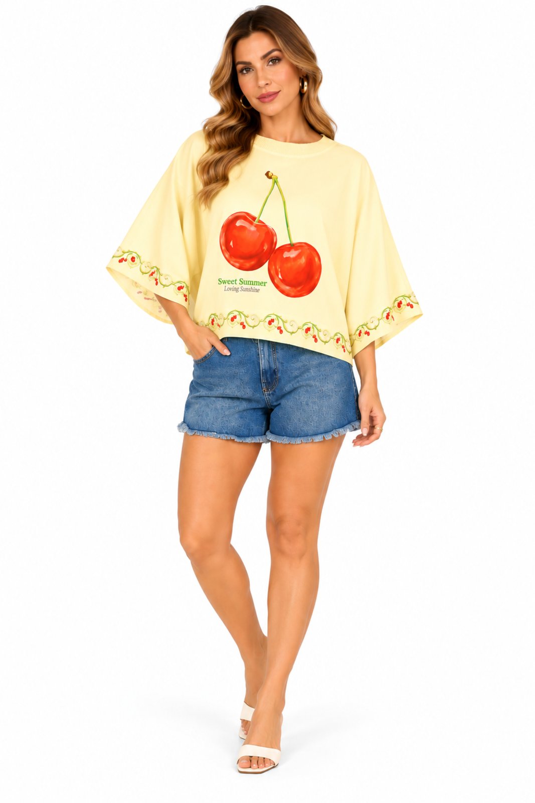 Blusa Bata Ampla D Bell Outlet Fashion Estampa de Cerejas Amarelo manteiga