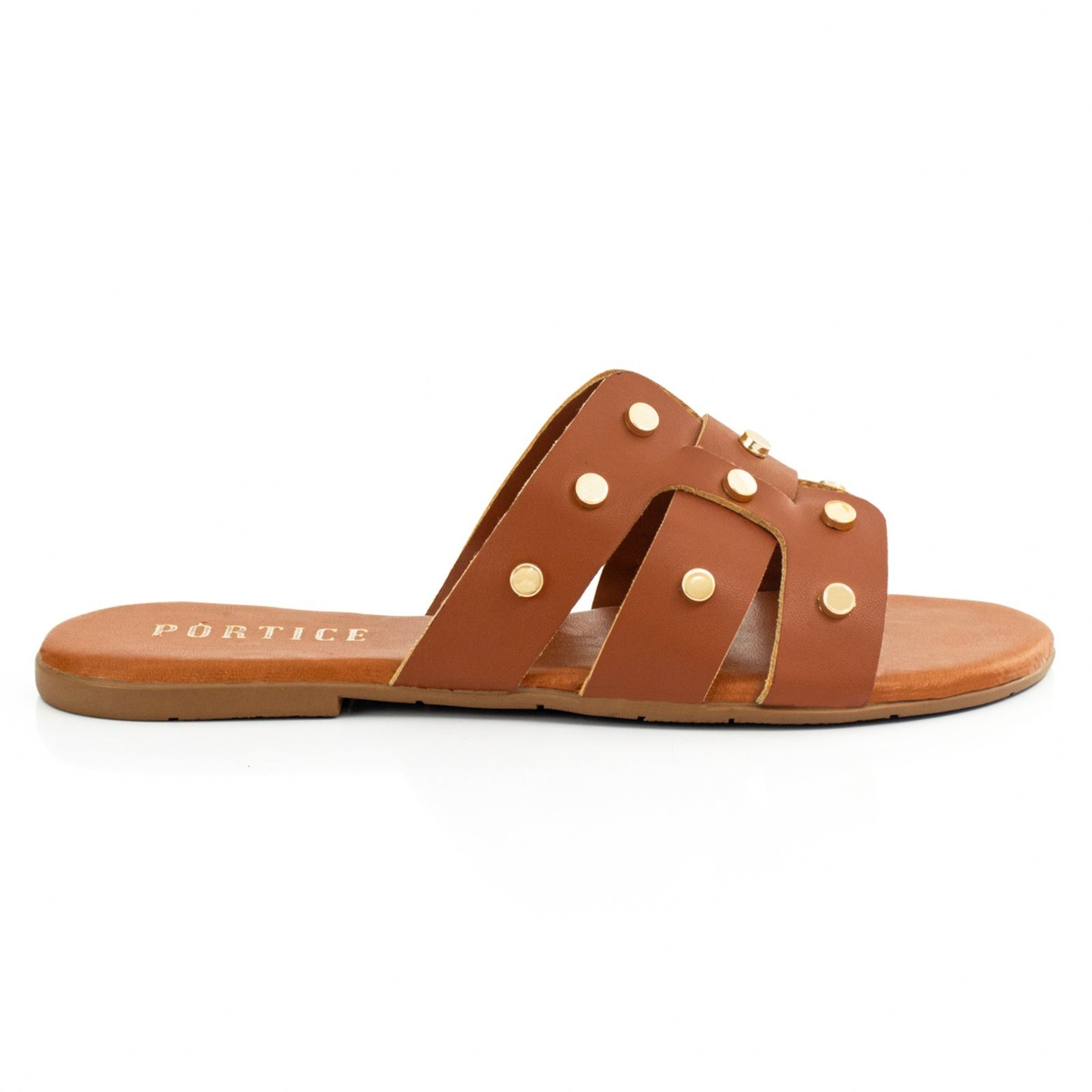 Sandália Feminina Rasteirinha Flat Flatform Rasteira Enfeite Metal Brilho Metalizado Caramelo