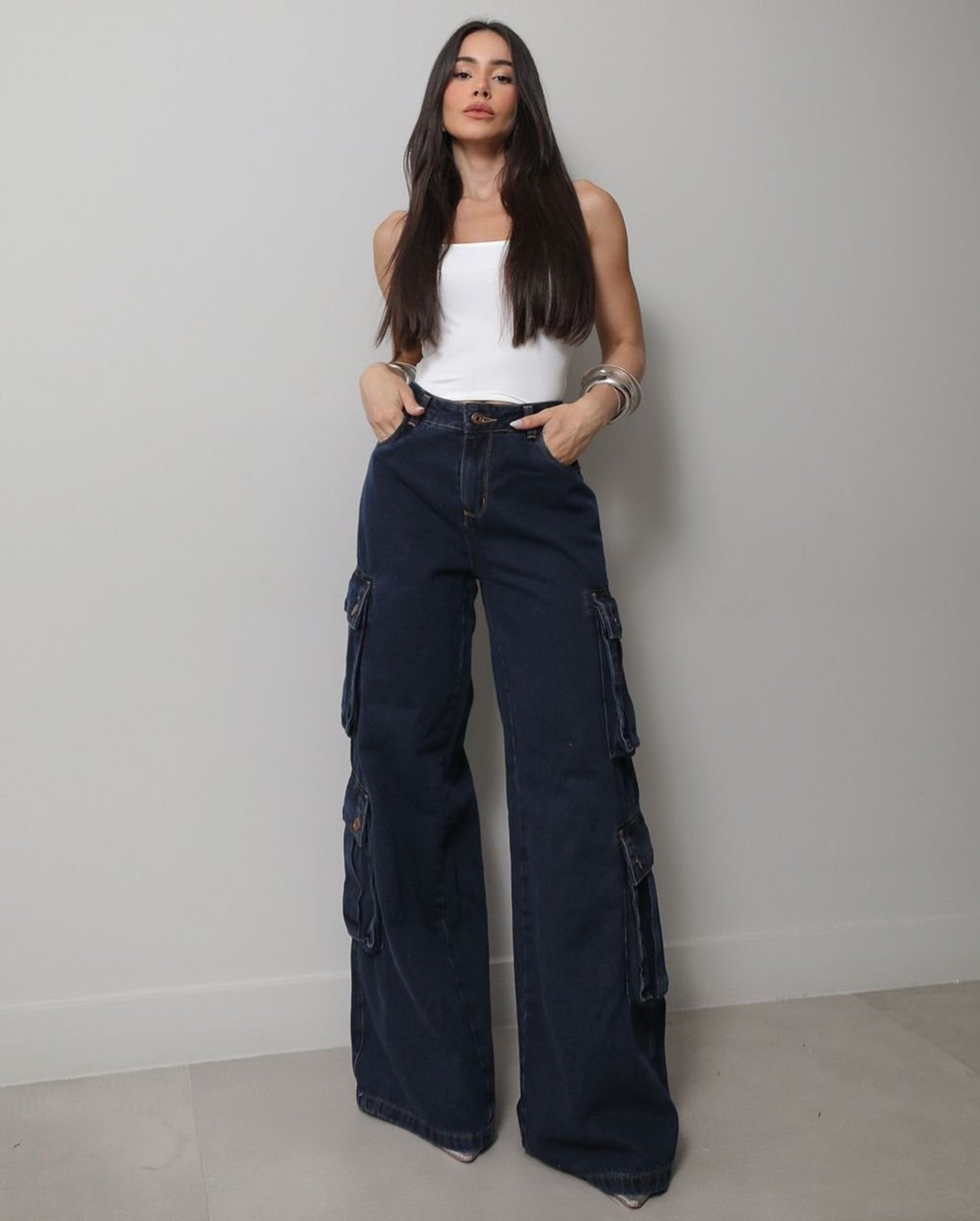 Calça Jeans Wide Leg Feminina Relaxed Cargo 24805 Black Blue Consciência