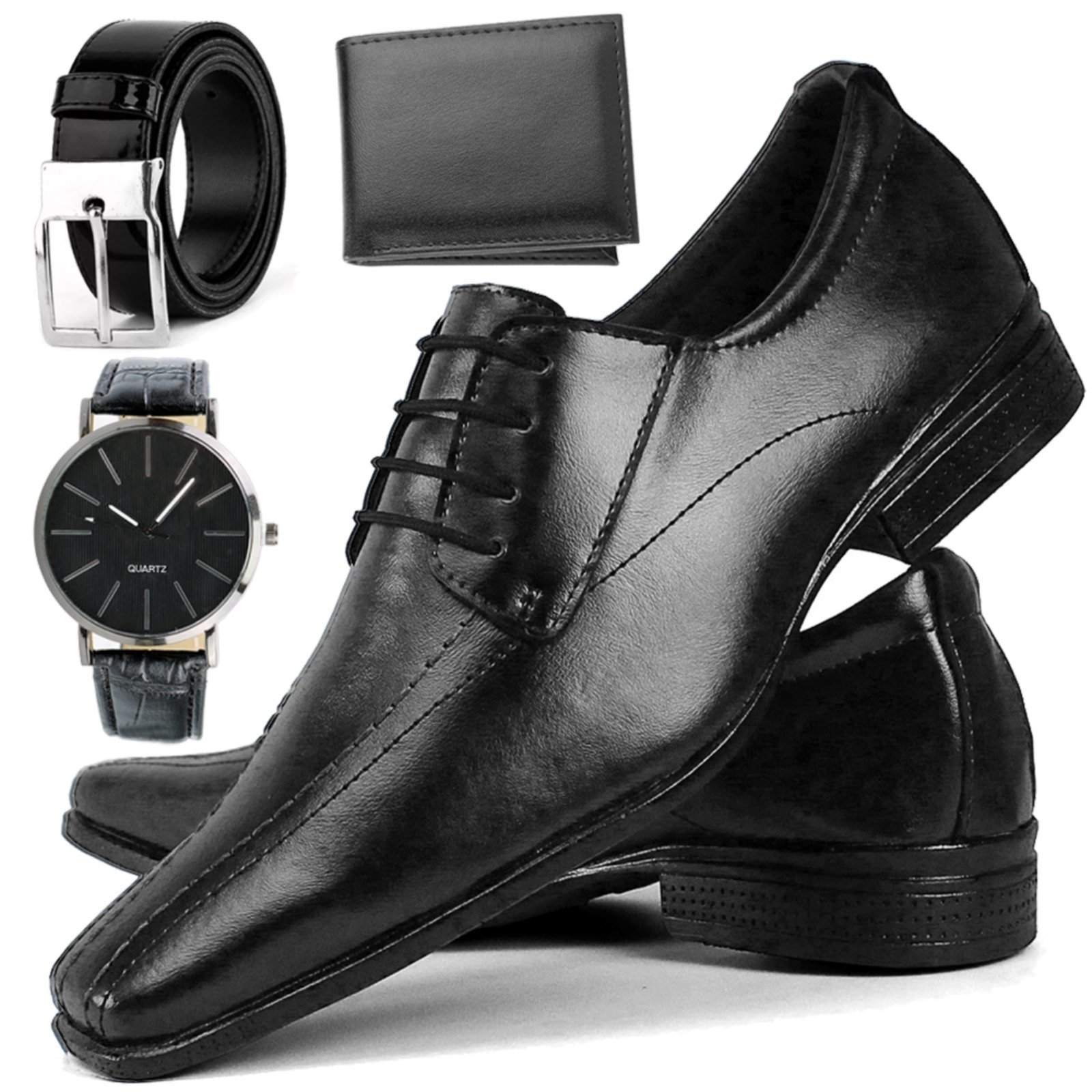 Kit Sapato Social Neway Masculino Preto + Relógio + Cinto + Carteira