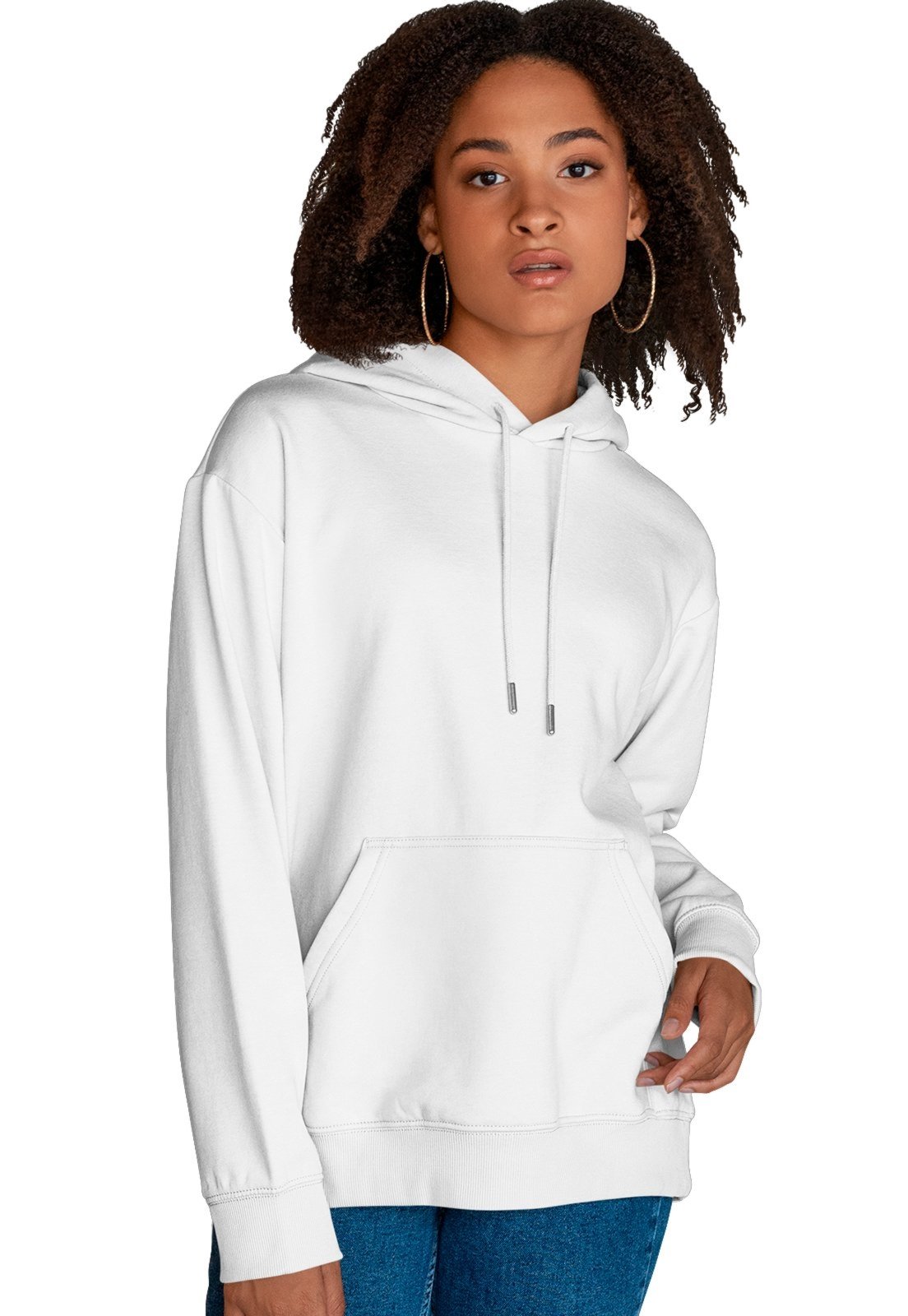 Blusa De Frio Feminina Moletom Liso Com Capuz e Bolso Canguru Felpado Branco