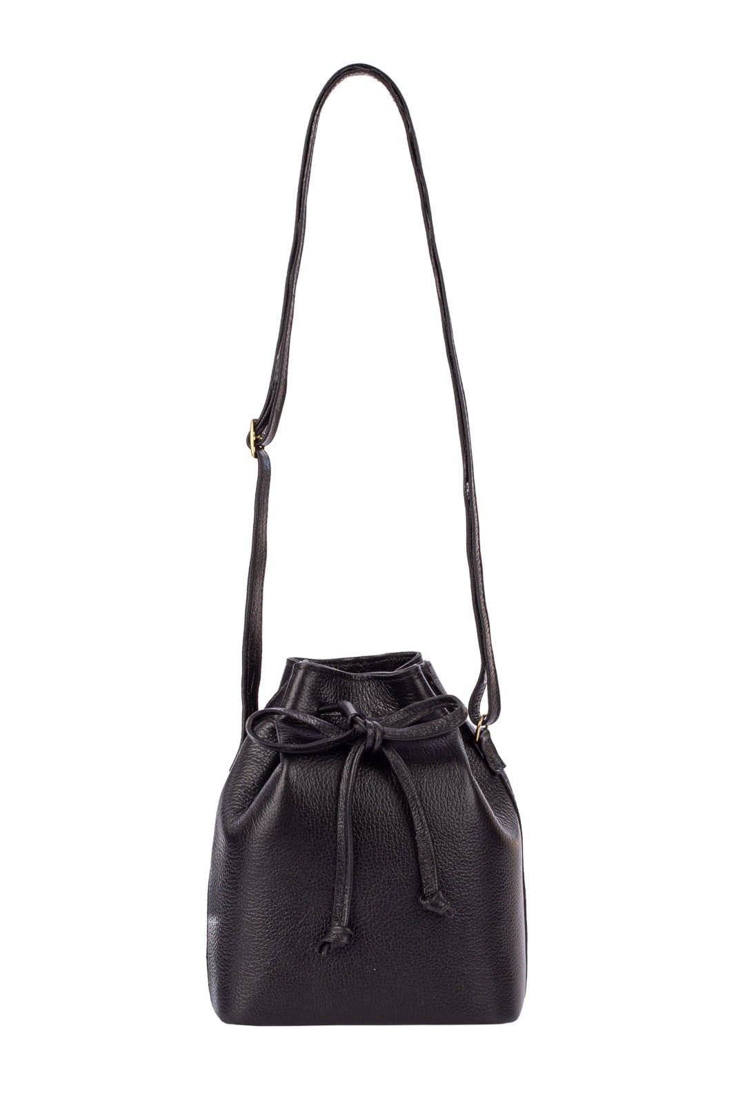 Mini bolsa saco em couro liso Nathy - Preto