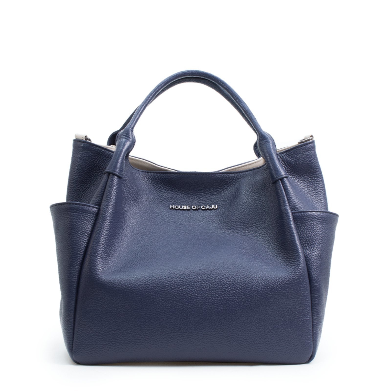 Bolsa Feminina Em Couro Alça de Mão Azul Marinho Com Off White “Valentina Rezende”