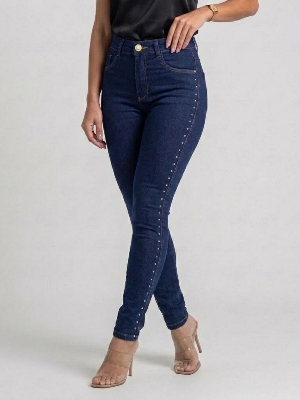 Calça Feminina Jeans Escuro Skinny com Strass Lateral
