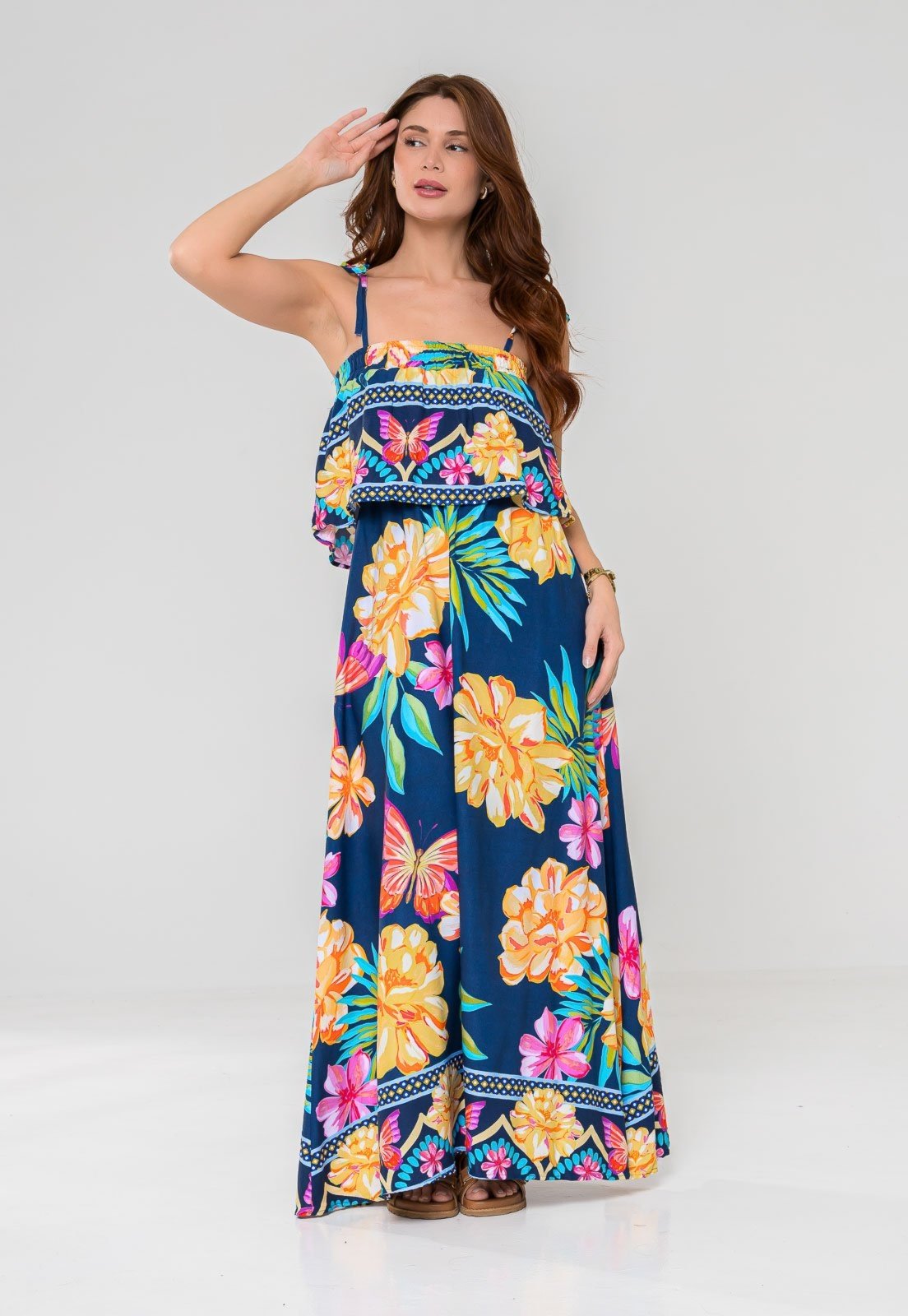 Vista 2 Vestido Aura Vitória Viscose Borboleta azul Aura azul