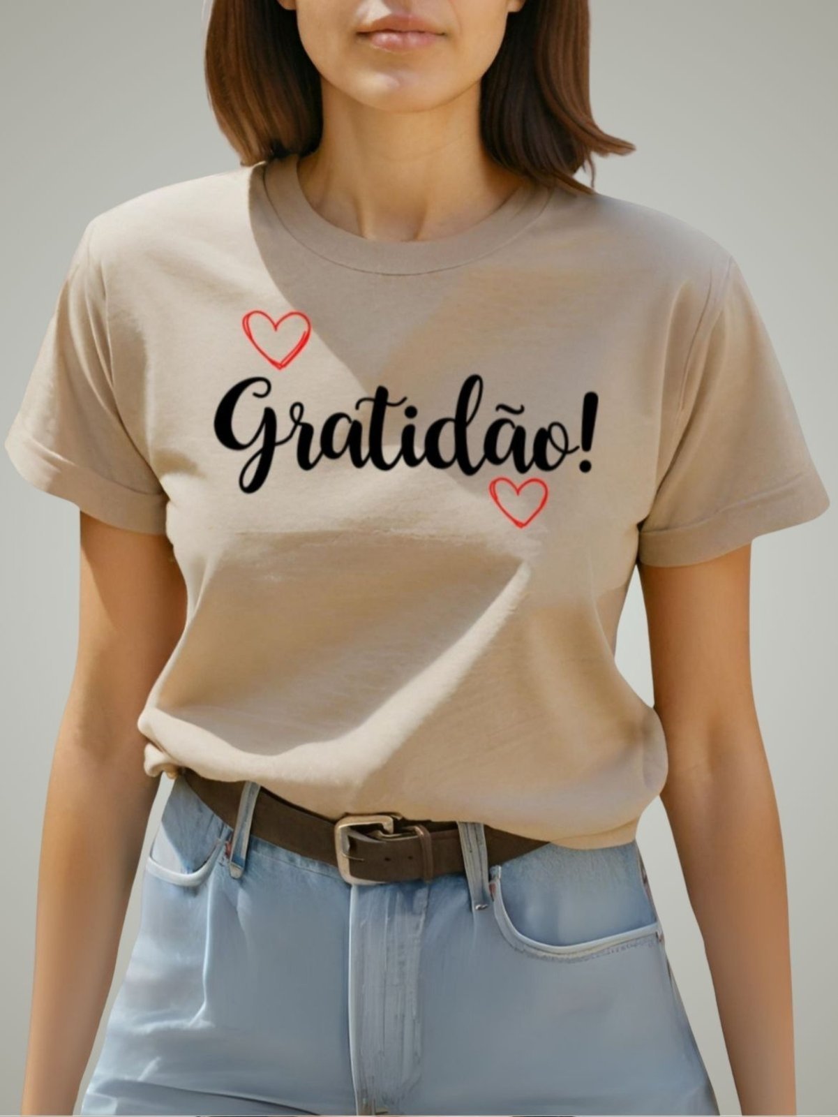 Camiseta Plus Size Feminina Estampada GuGi Gratidão Blusinha Camisa Moda Caqui