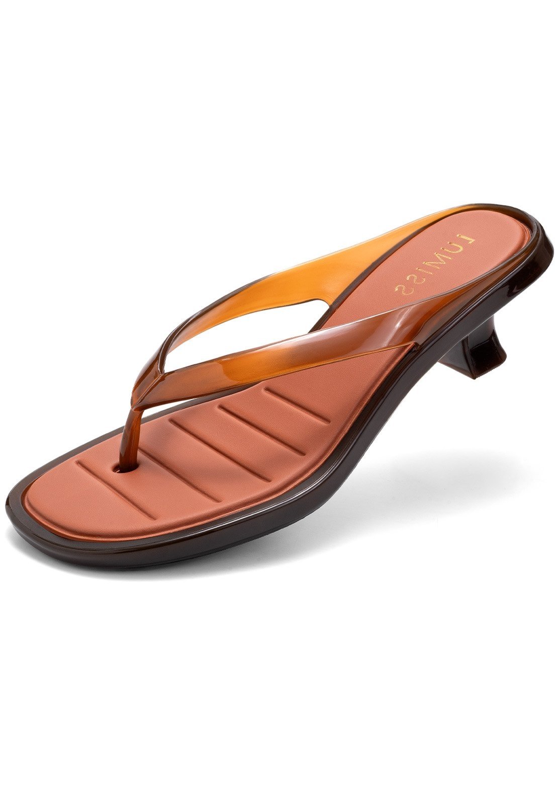 Tamanco Feminino Lumiss Jelly Salto Baixo Fino Tira De Dedo Confortável Kitten Heel Marrom