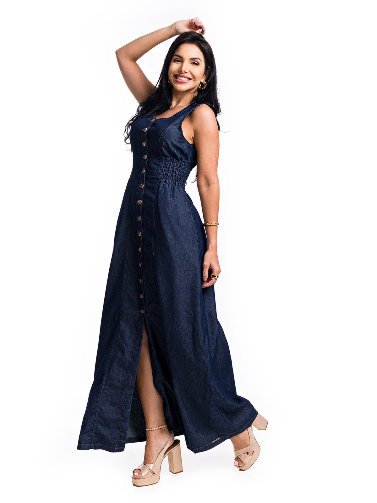 Vestido Longo Restrito Jeans Com Lastex – Azul