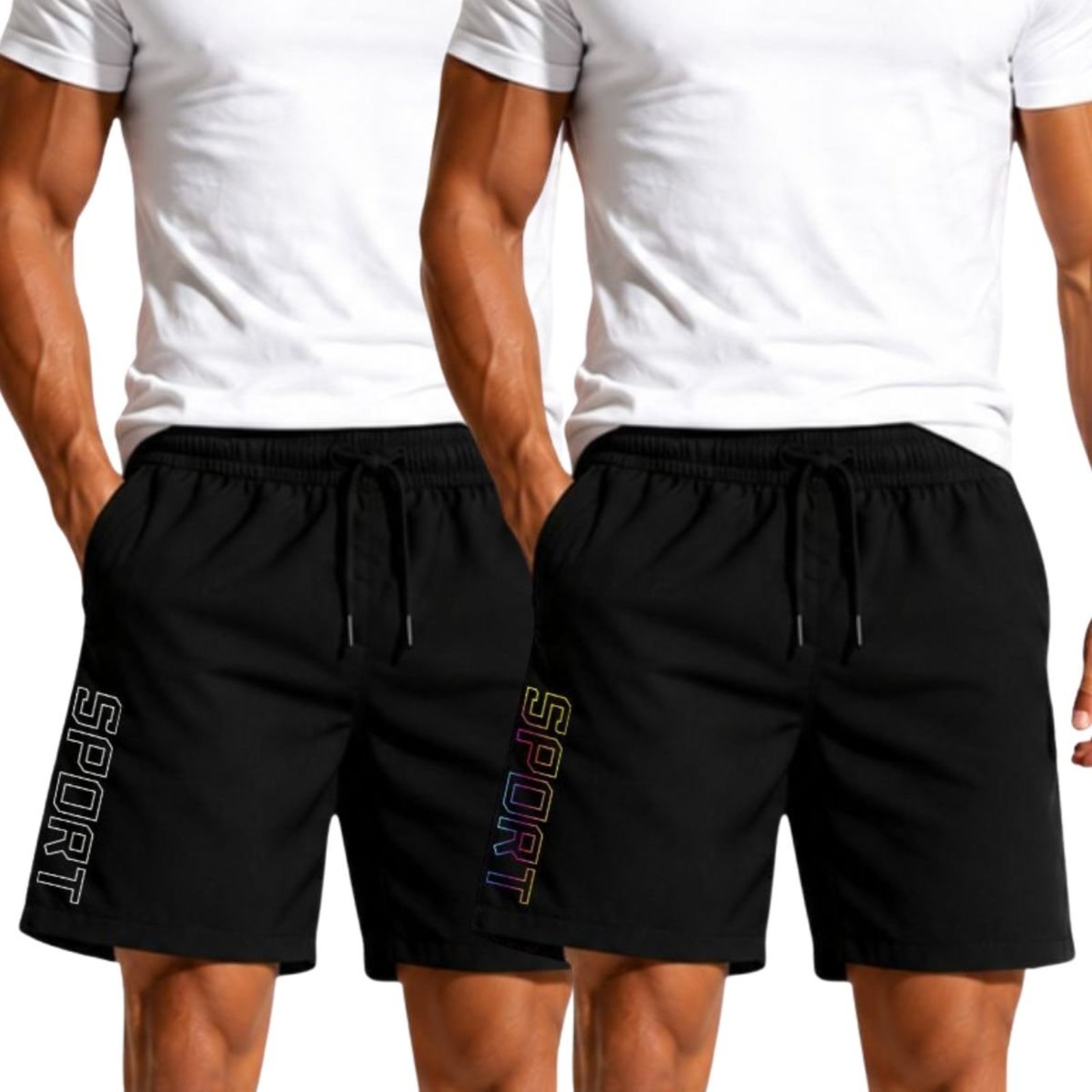Kit 2 Short Tactel Leve Relaxado Moda Praia Estampado Bermuda Masculina Treino Fitnes Academia Corrida Preto