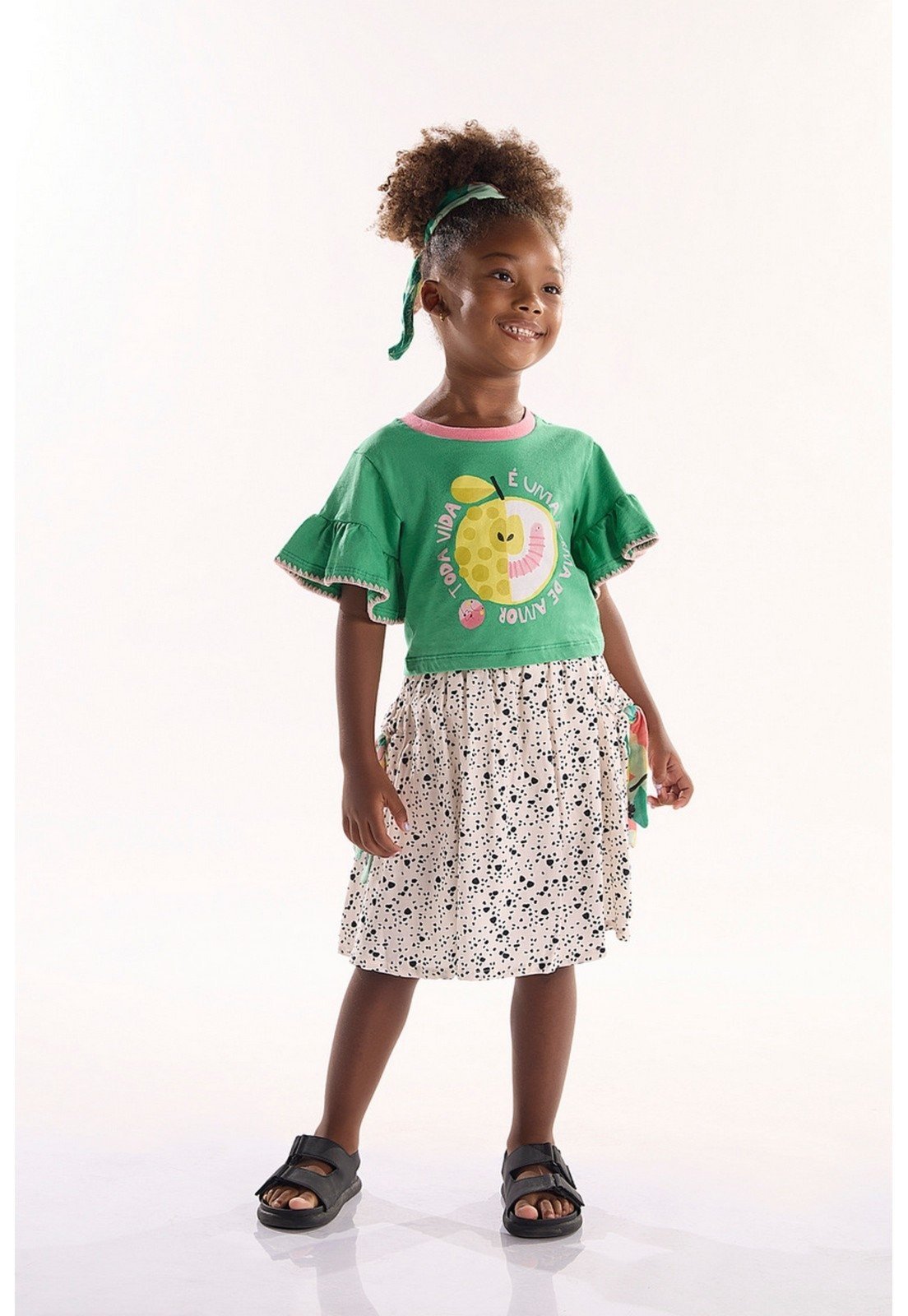 Infantil - Conjunto para Menina com Blusa e Saia Pomar Feliz Três e Já Verde