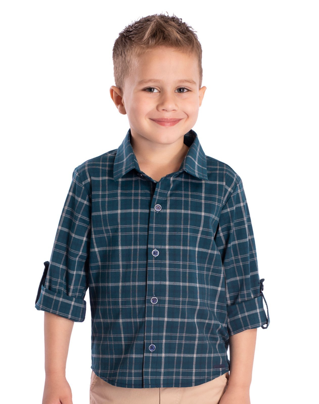 Infantil - Camisa manga longa xadrez verde petróleo