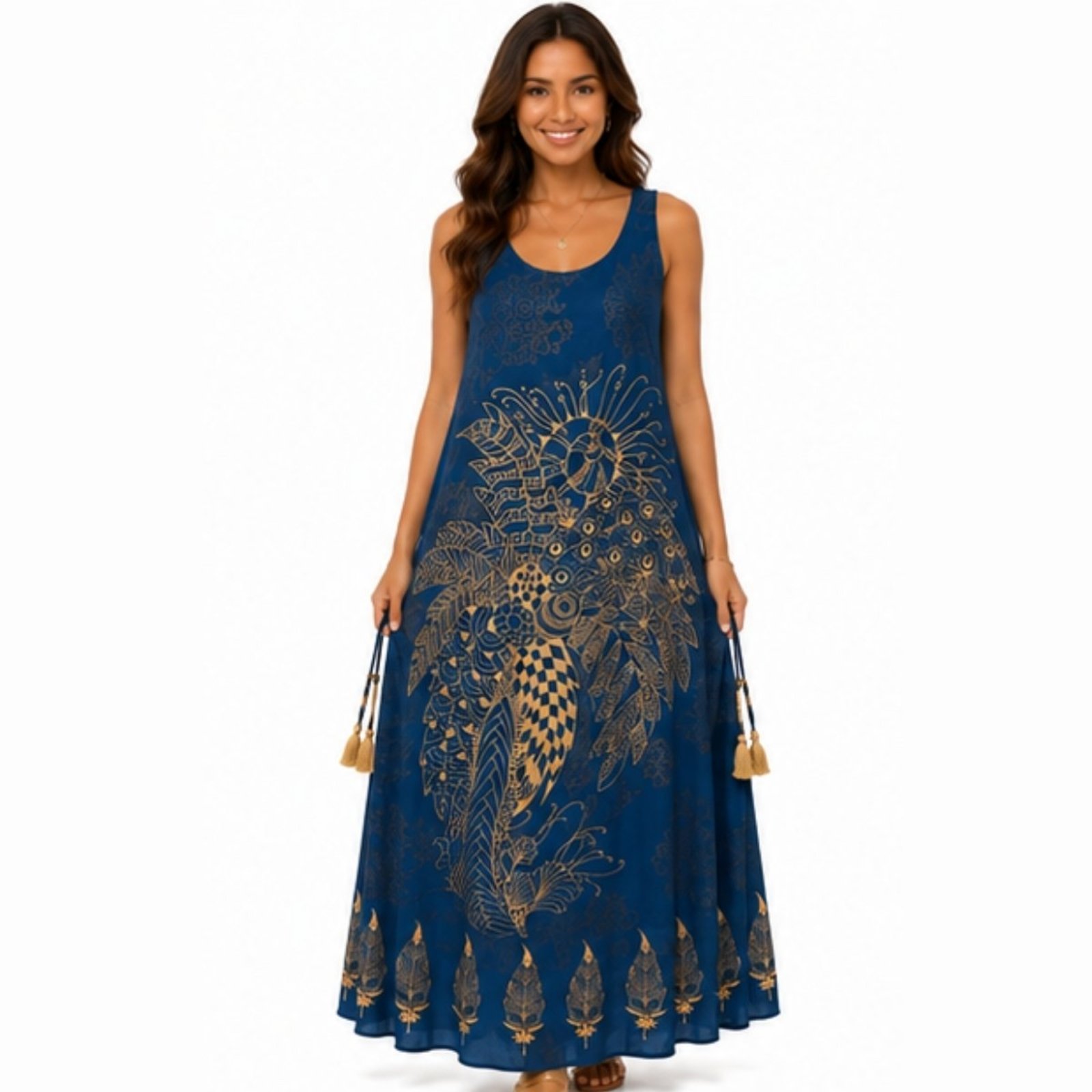 Vestido Longo Feminino Viscose Estampado com Bolso e Alça Ajustável Marinho