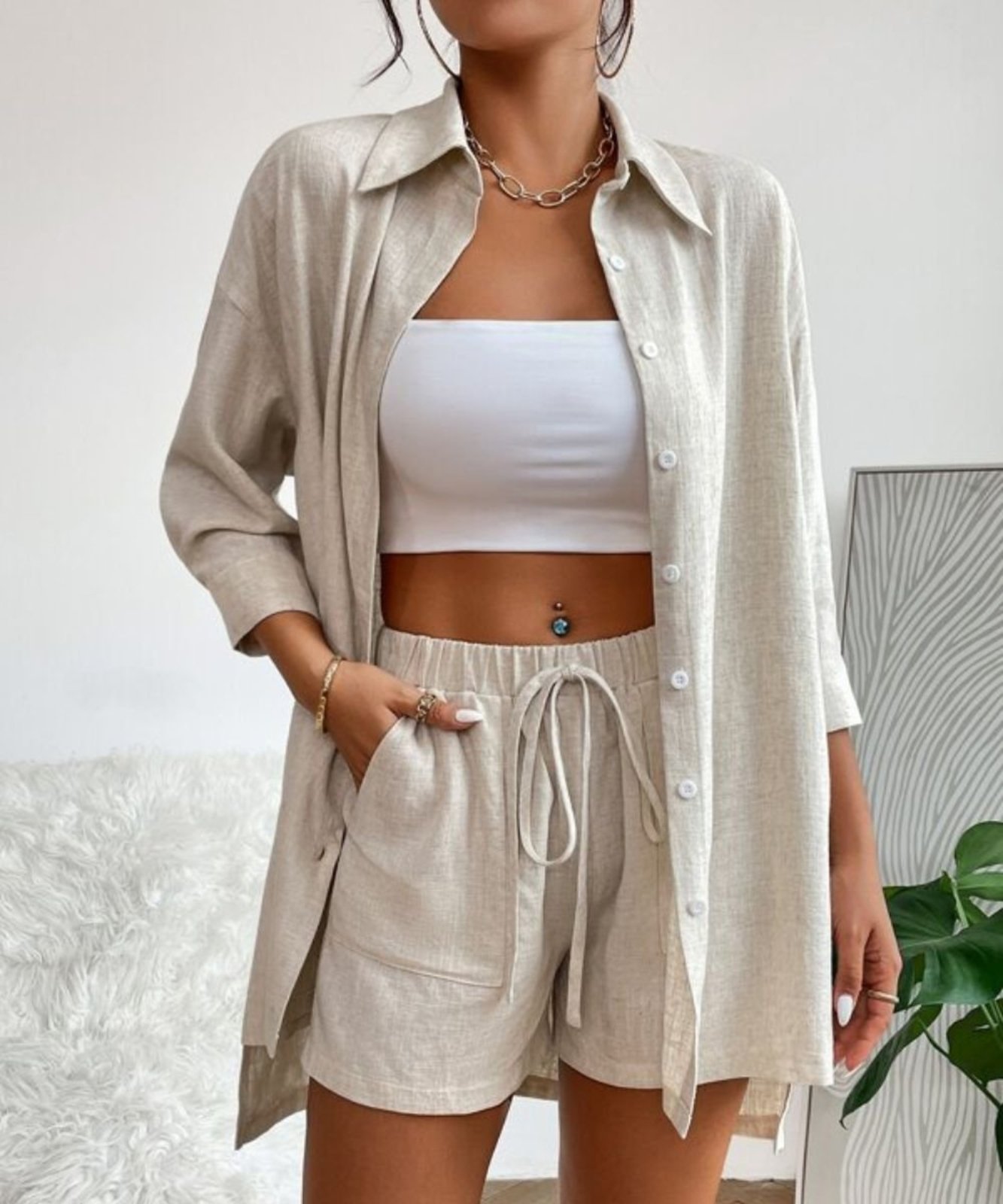 Conjunto Feminino De Linho 77vs Levosch Camisa e Shorts Creme