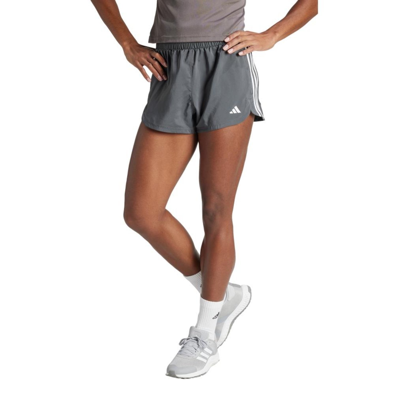 Shorts Treino Malha Cintura Alta Pacer Três Listras adidas Performance Cinza