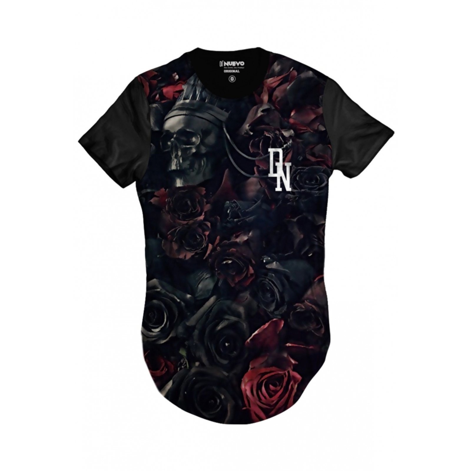 Camiseta Di Nuevo Longa Skull Flowers Cemitério de Caveiras com Flores Preta