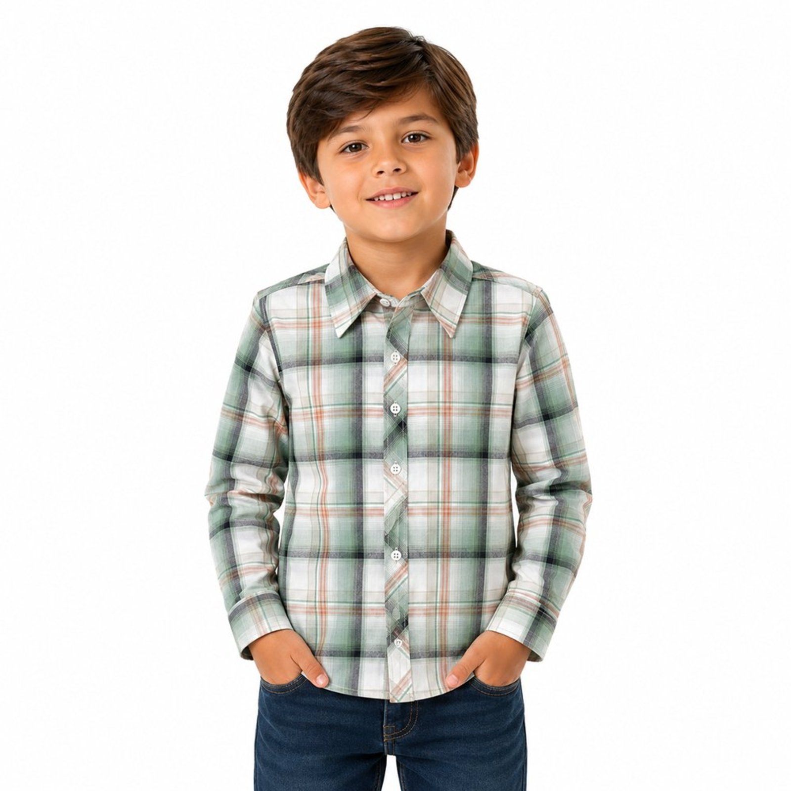 Infantil - Camisa Juvenil Look Jeans Manga Longa Xadrez Verde
