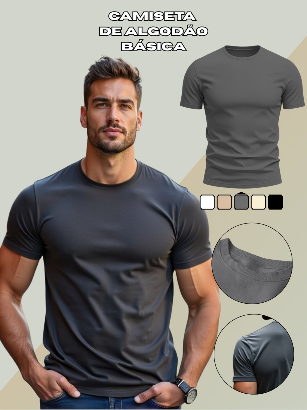 Camiseta Básica Masculina GuGi Lisa T-shirt Moda Camisa Casual Chumbo