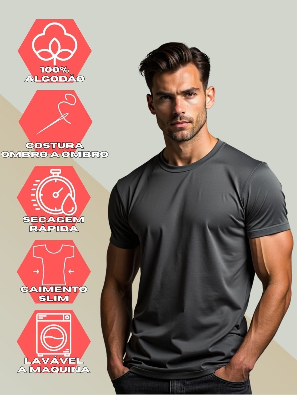 Vista 3 Camiseta Básica Masculina GuGi Lisa T-shirt Moda Camisa Casual Chumbo cinza Gugi cinza