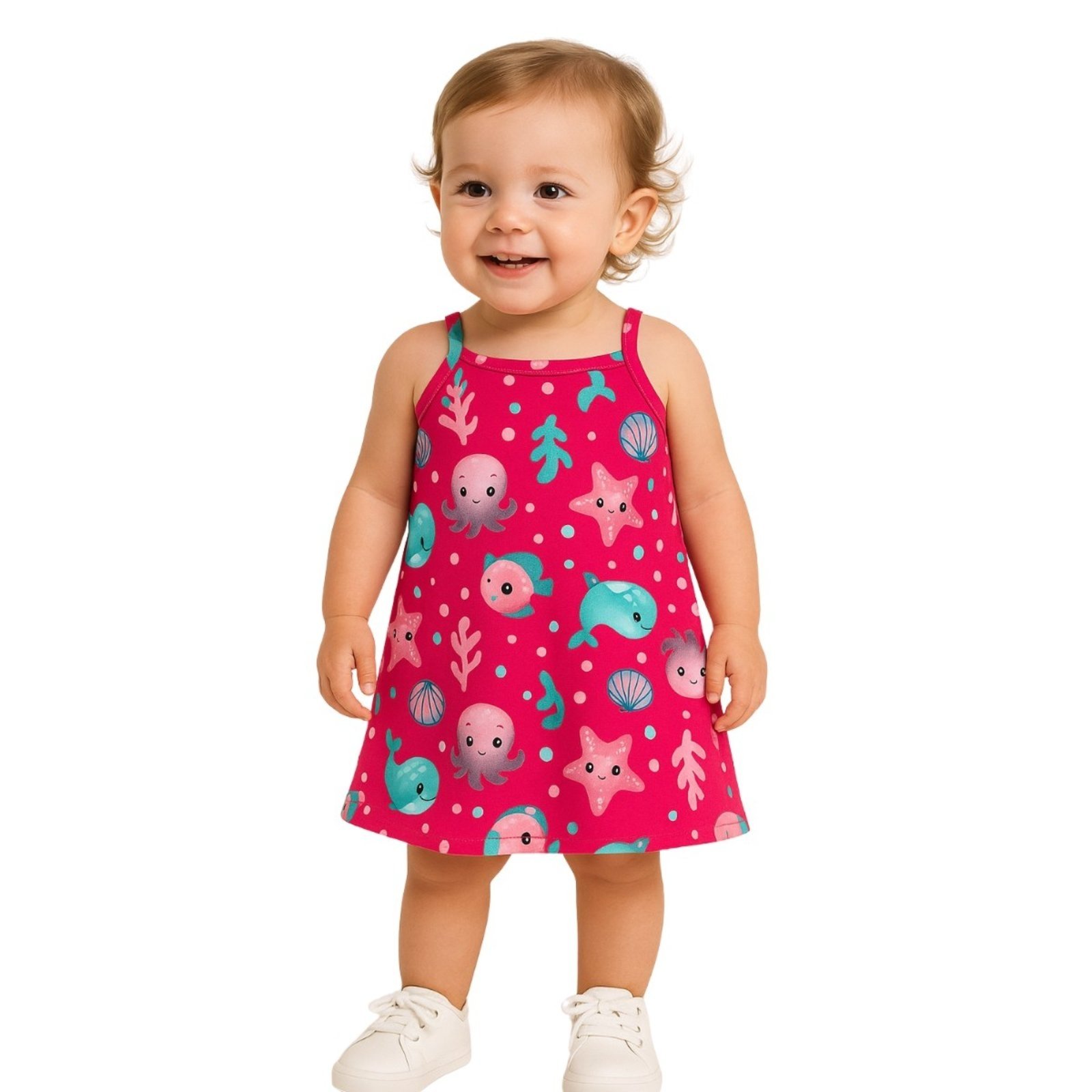 Vista 2 Infantil - Vestido Kyly Manga Curta Fundo do Mar Choque rosa Kyly rosa