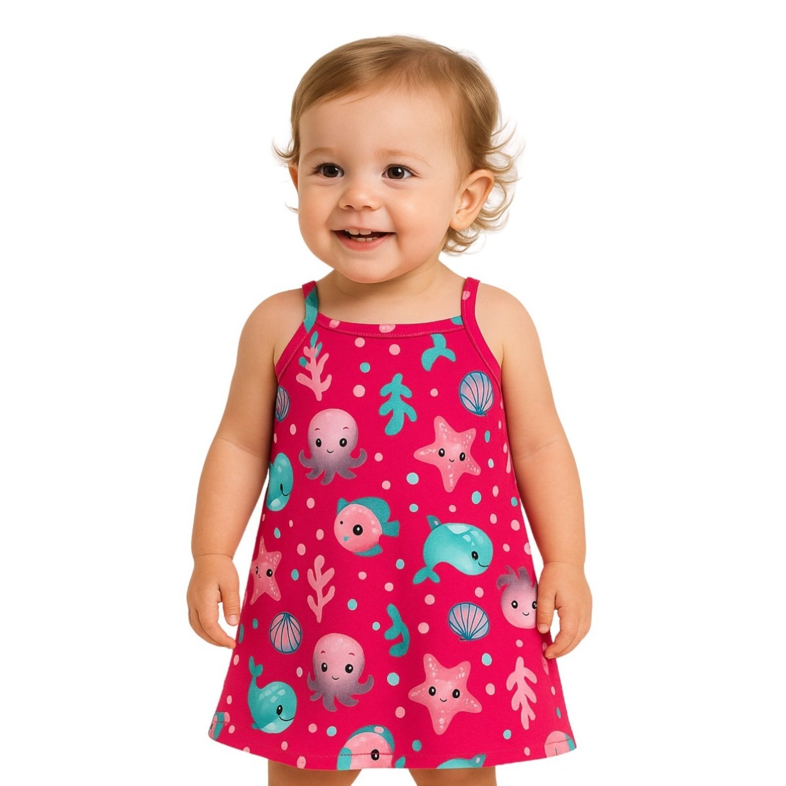 Vista 3 Infantil - Vestido Kyly Manga Curta Fundo do Mar Choque rosa Kyly rosa