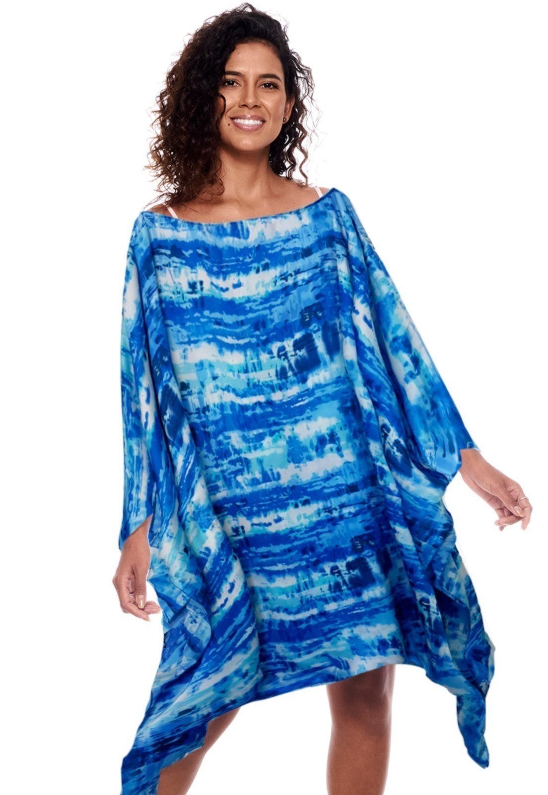 Vista 2 Vestido Kaftan Saída Amplo Crepe Acetinado Estampado Manchado 101 Resort Wear azul 101 Resort Wear azul